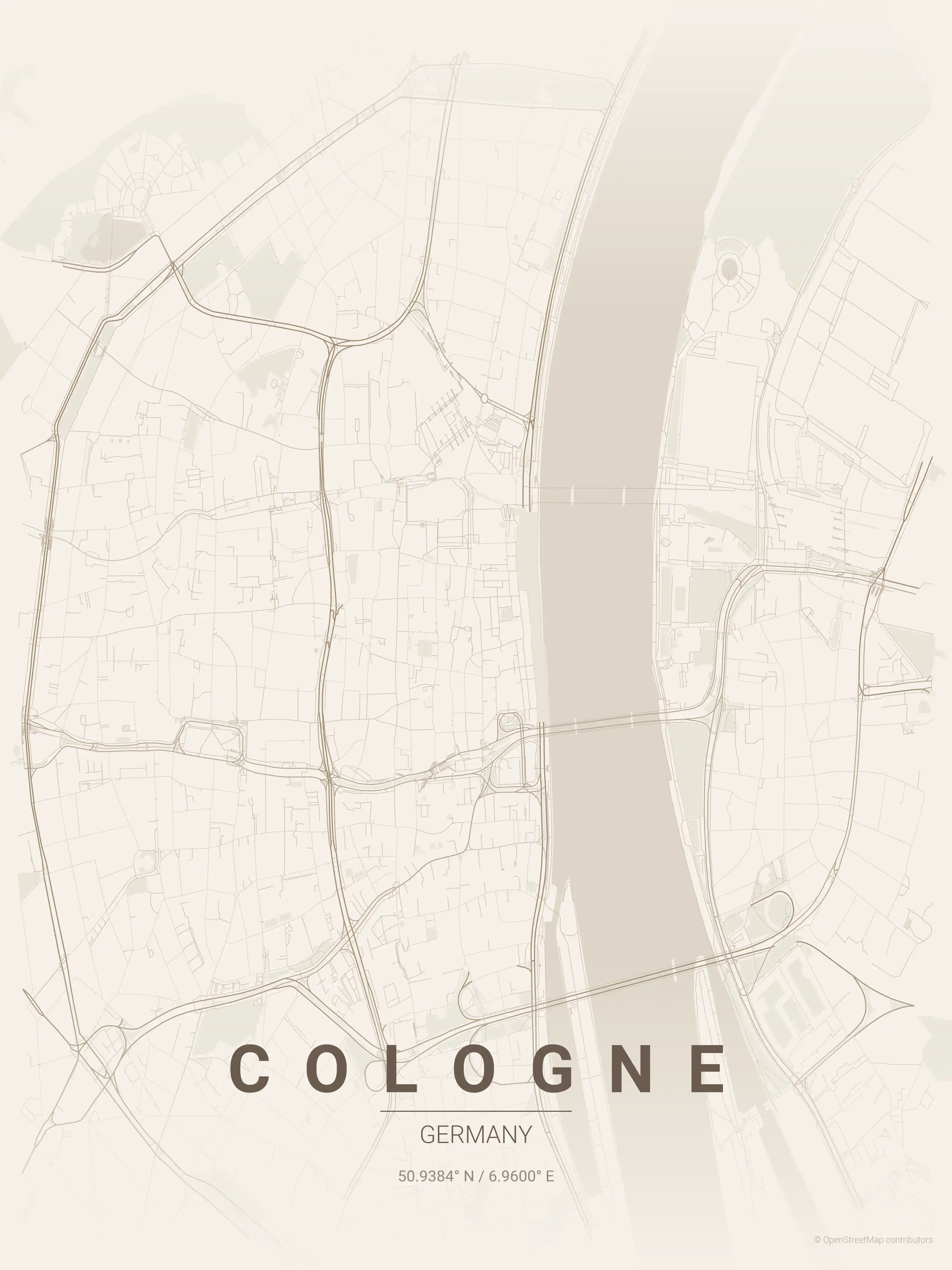 Minimalist warm_beige street map of Cologne, Germany - Urban grid art
