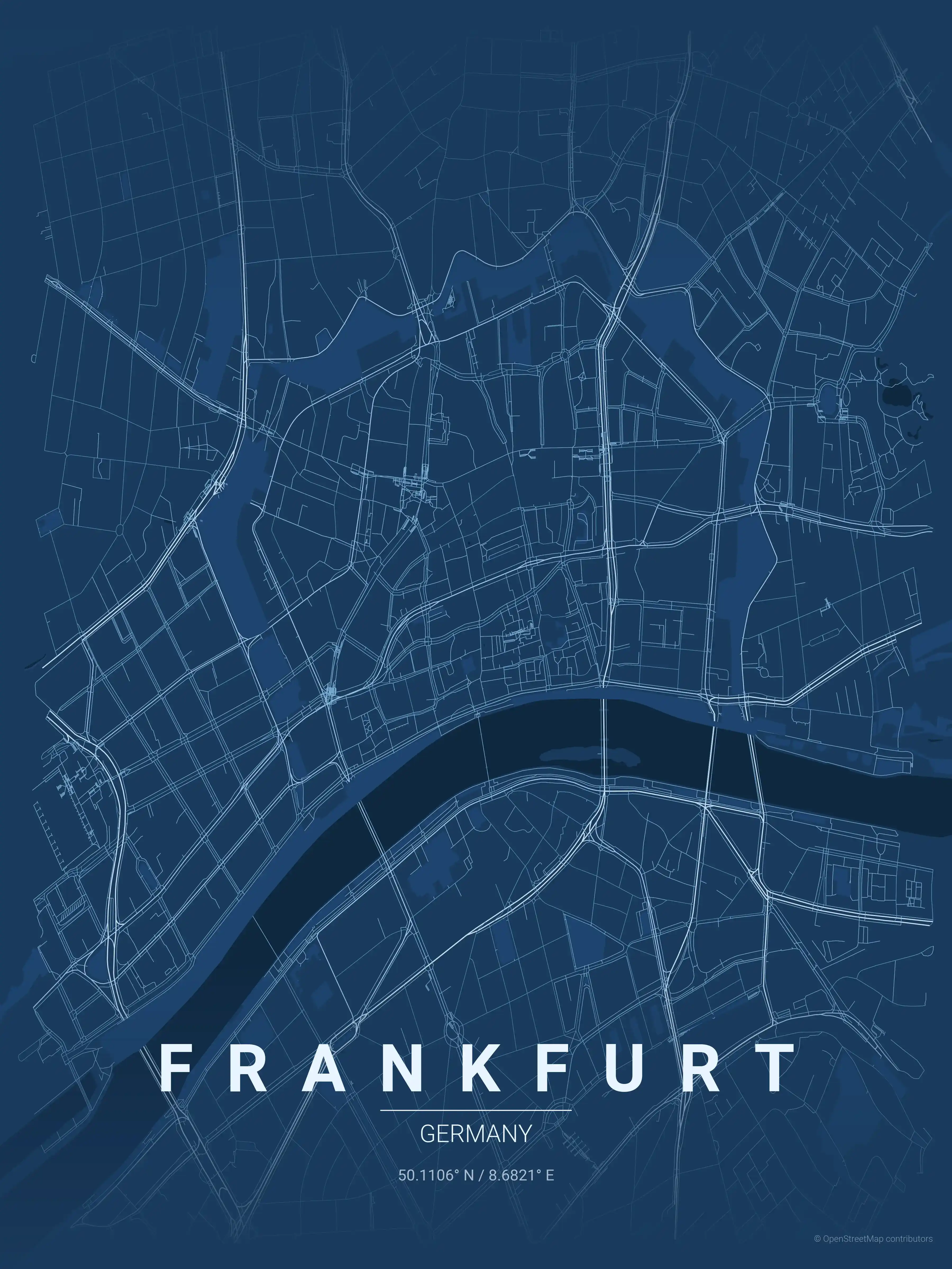 Minimalist blueprint street map of Frankfurt, Germany - Urban grid art