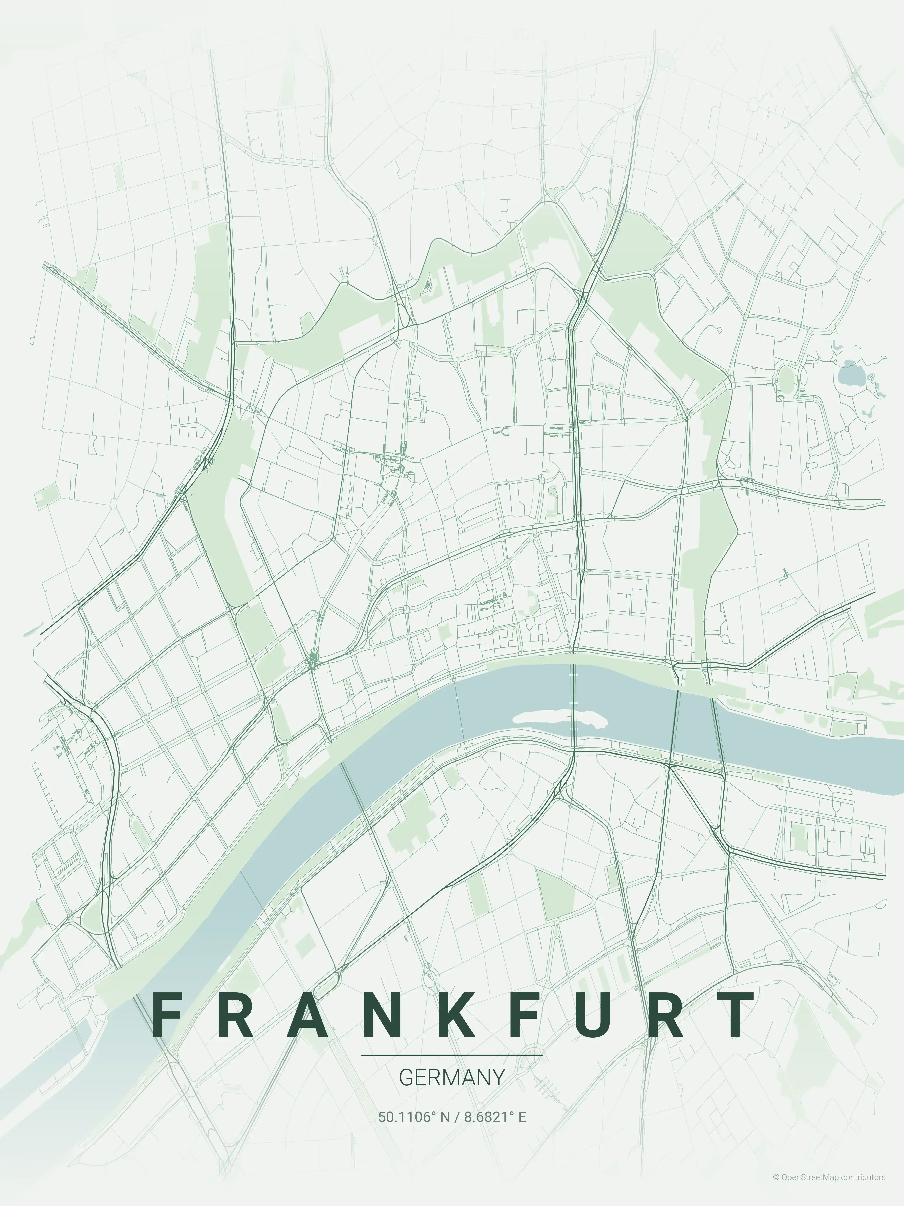 Minimalist forest street map of Frankfurt, Germany - Urban grid art