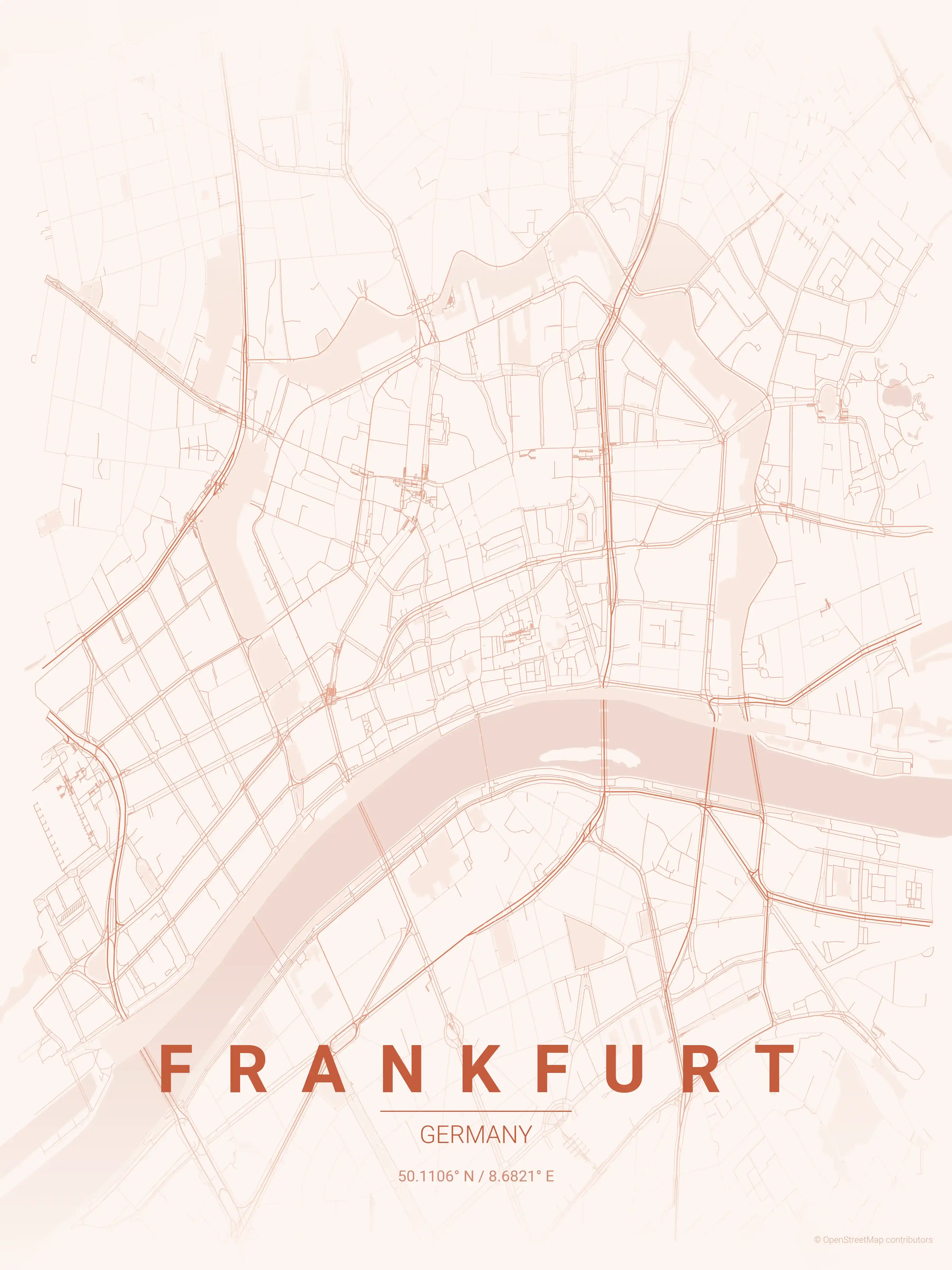 Minimalist sunset street map of Frankfurt, Germany - Urban grid art