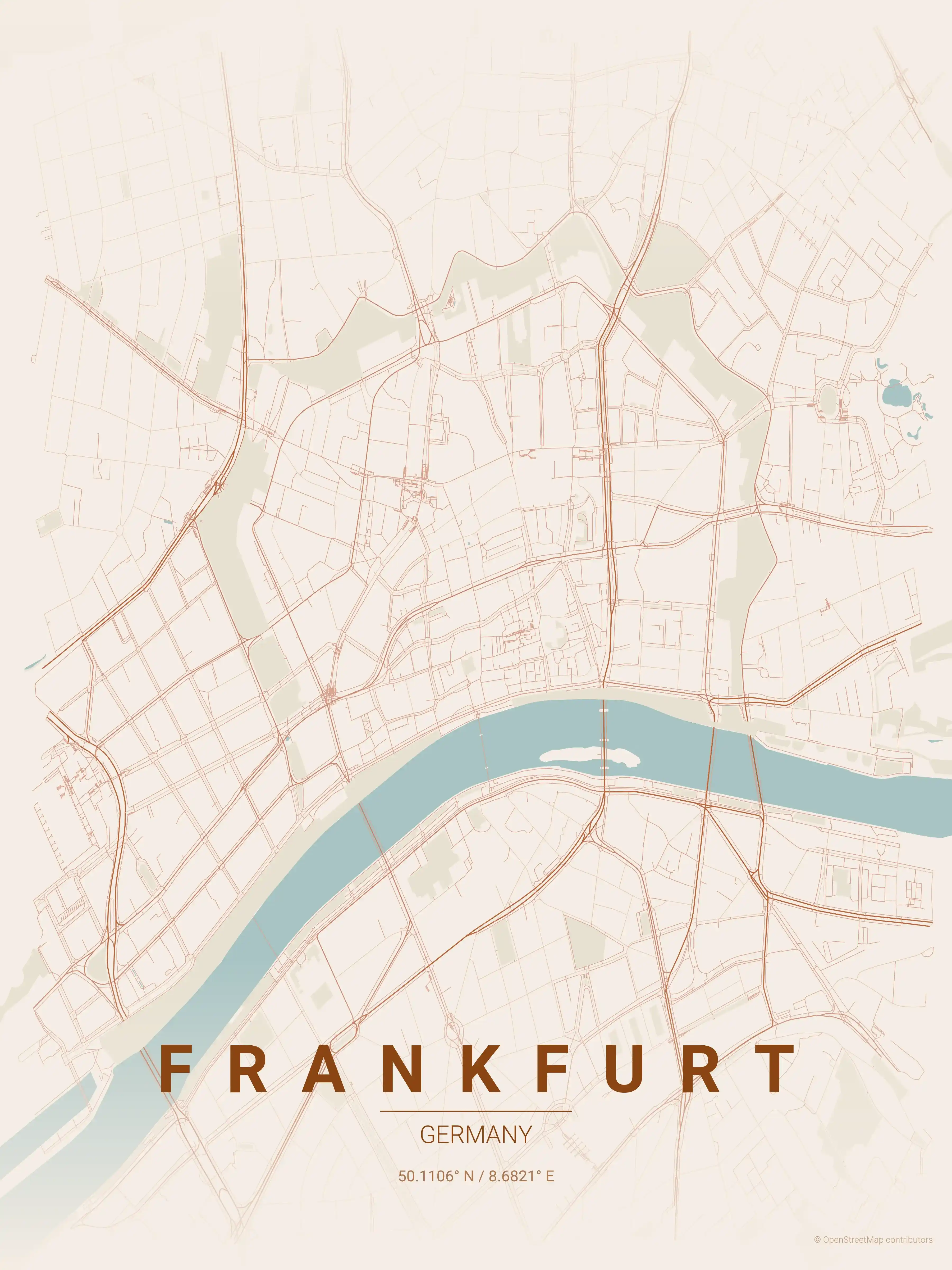 Minimalist terracotta street map of Frankfurt, Germany - Urban grid art