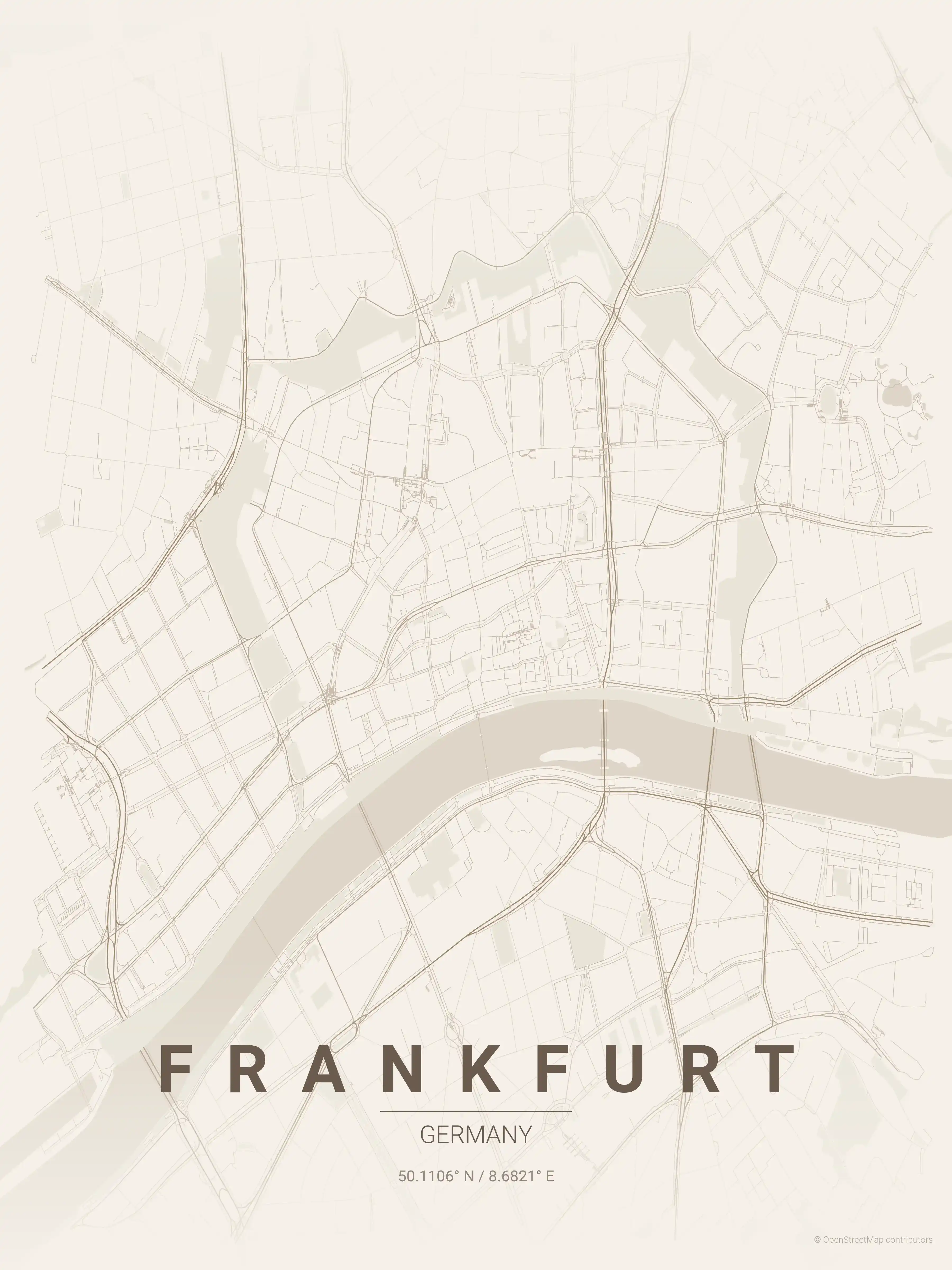 Minimalist warm_beige street map of Frankfurt, Germany - Urban grid art
