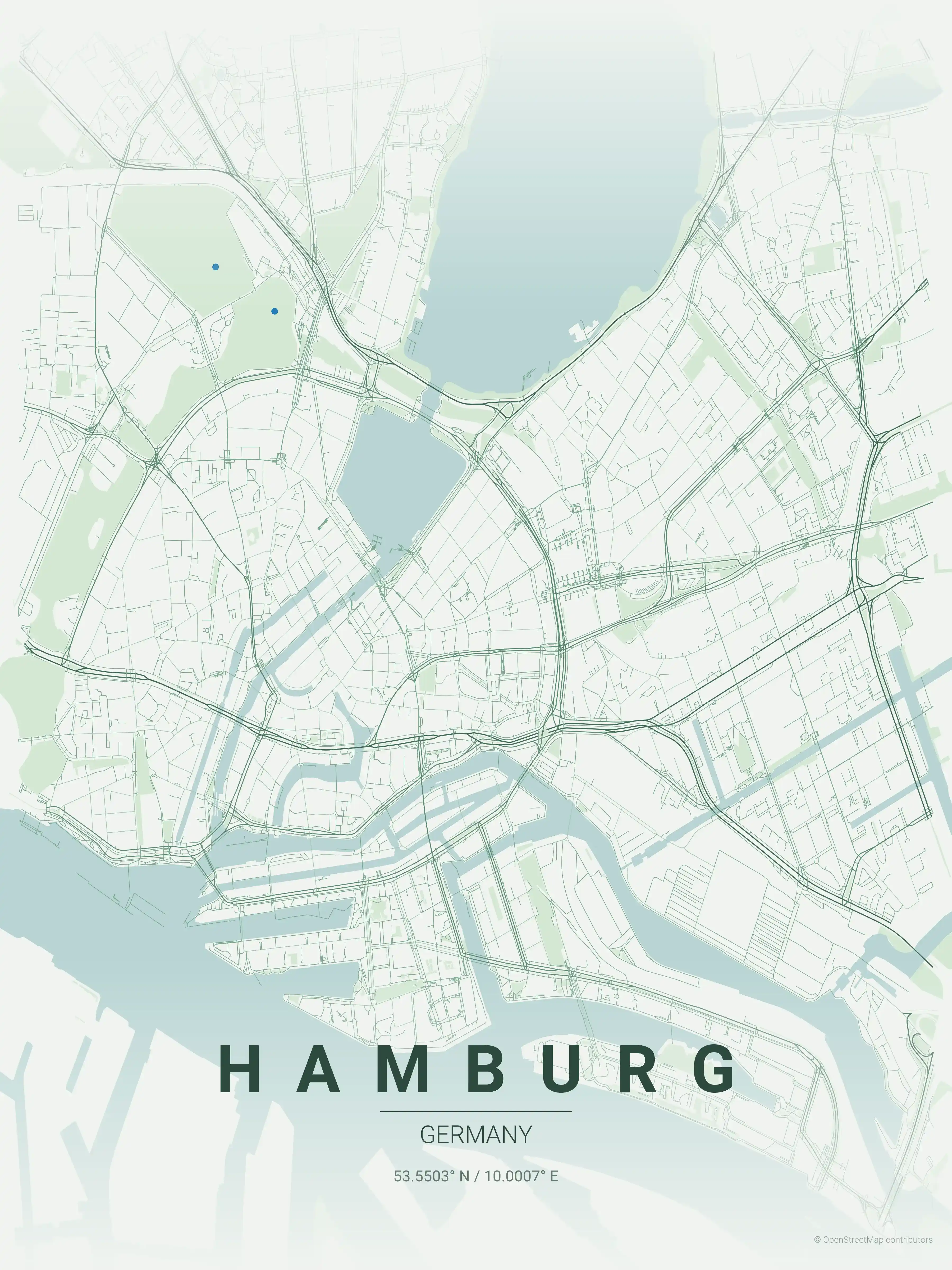 Minimalist forest street map of Hamburg, Germany - Urban grid art
