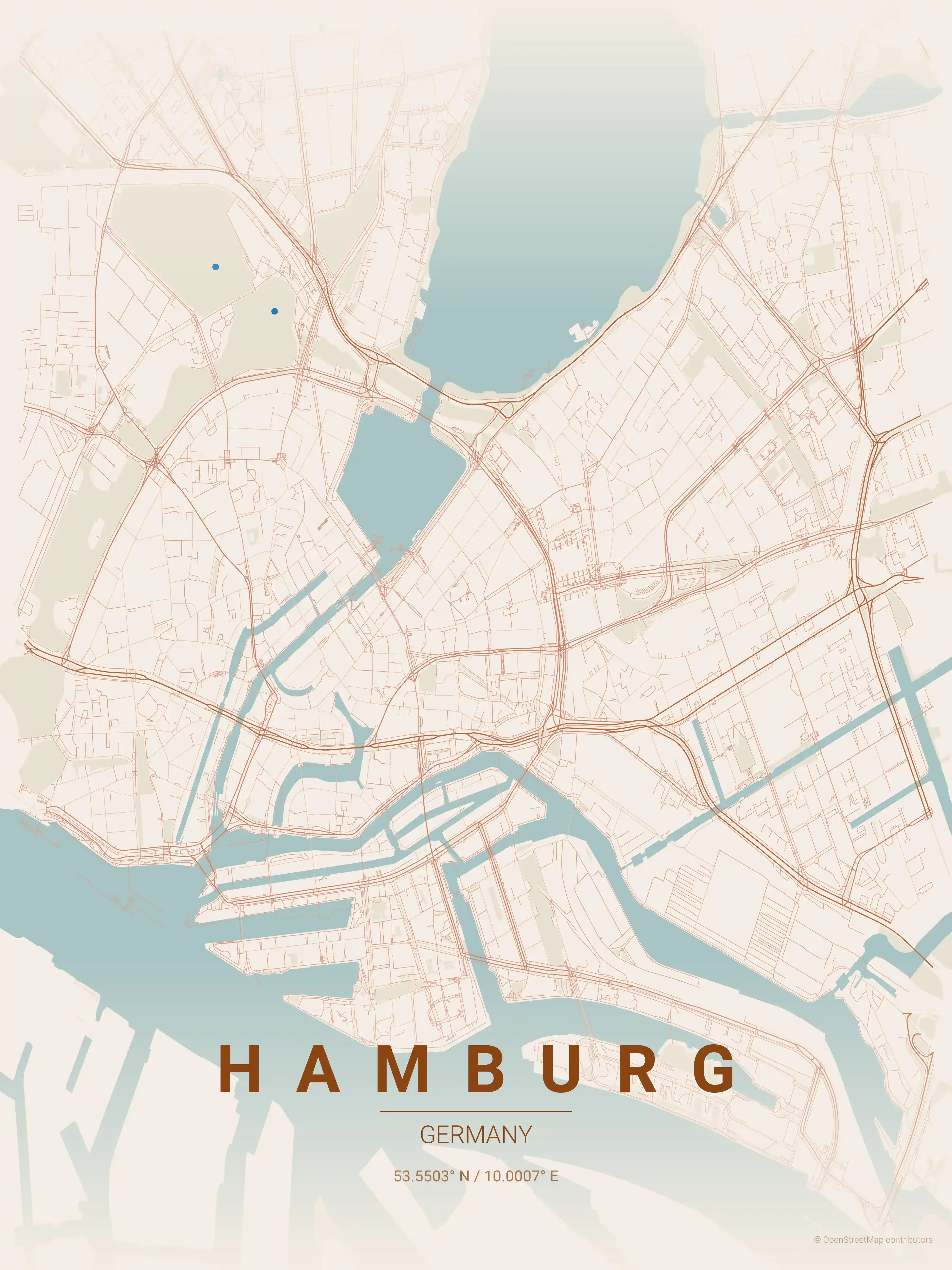 Minimalist terracotta street map of Hamburg, Germany - Urban grid art