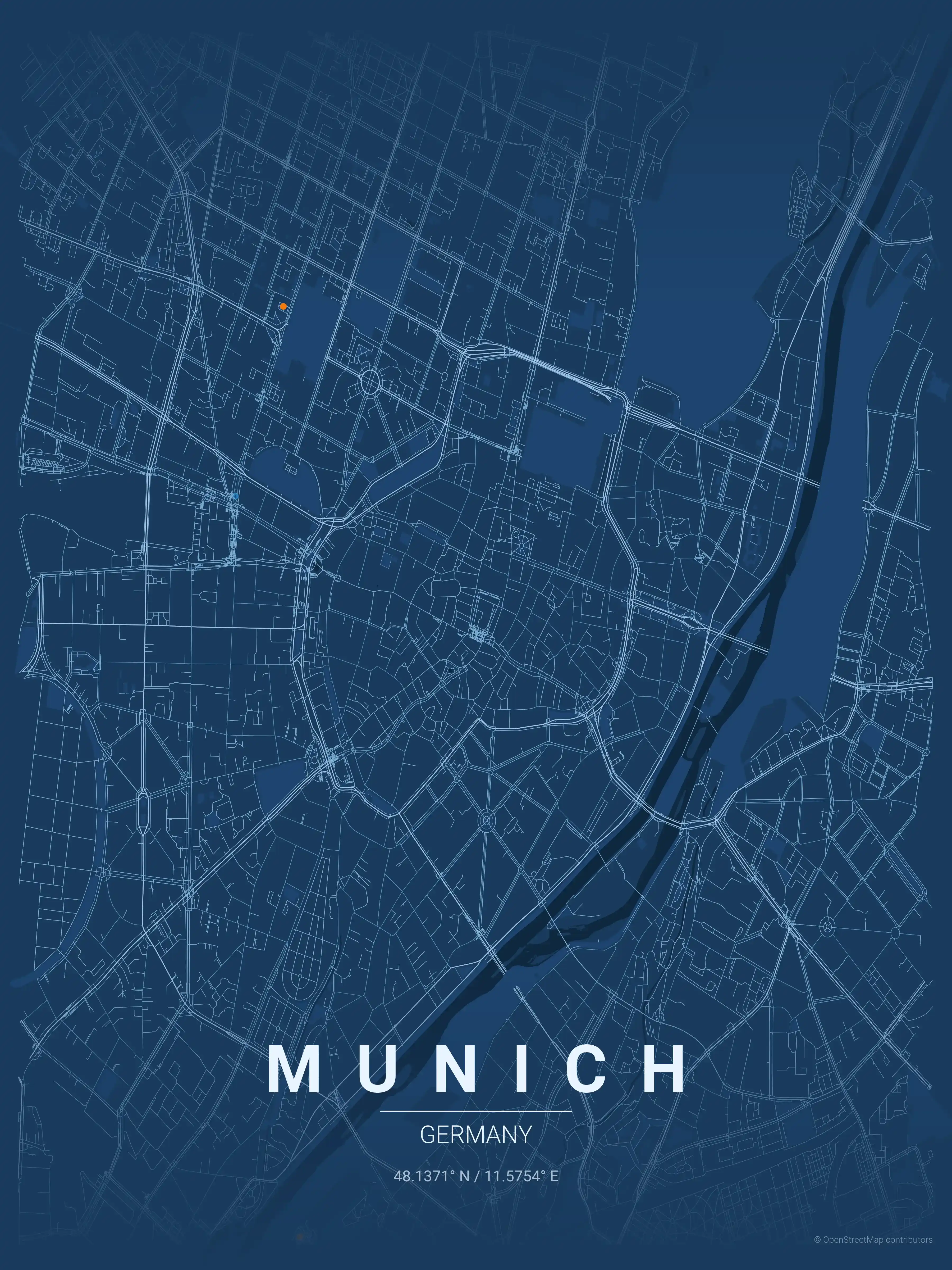 Minimalist blueprint street map of Munich, Germany - Urban grid art