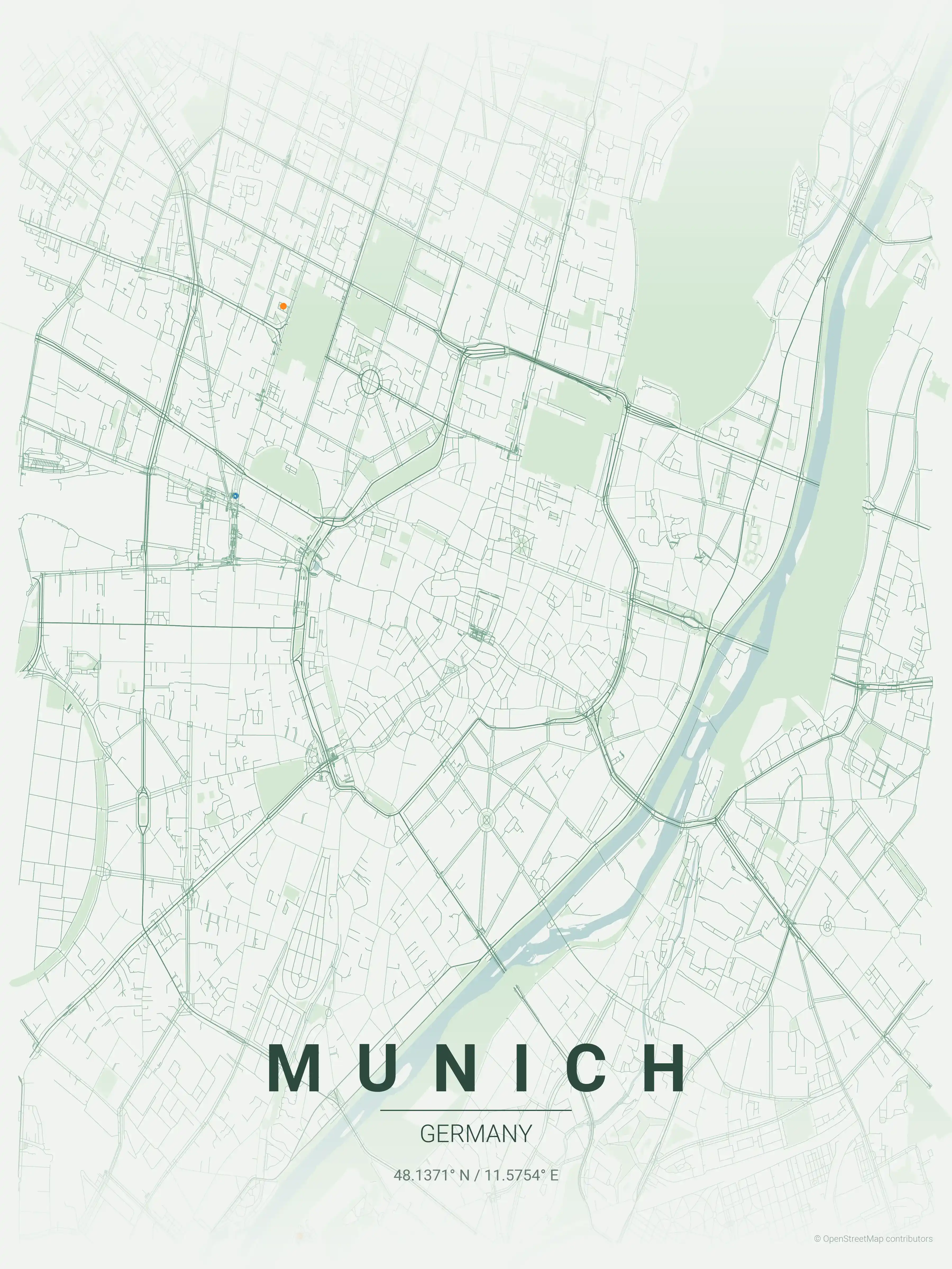Minimalist forest street map of Munich, Germany - Urban grid art