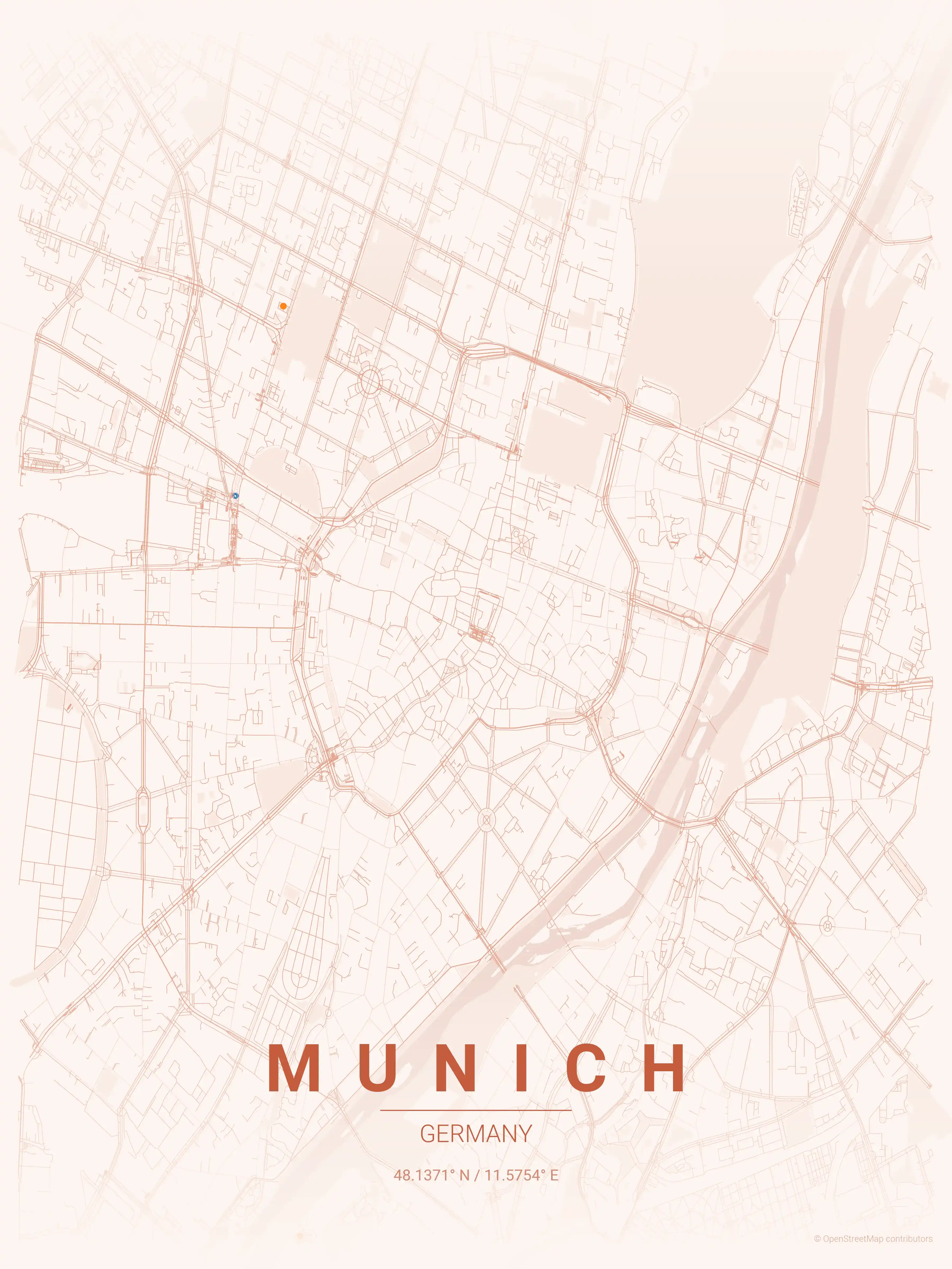 Minimalist sunset street map of Munich, Germany - Urban grid art