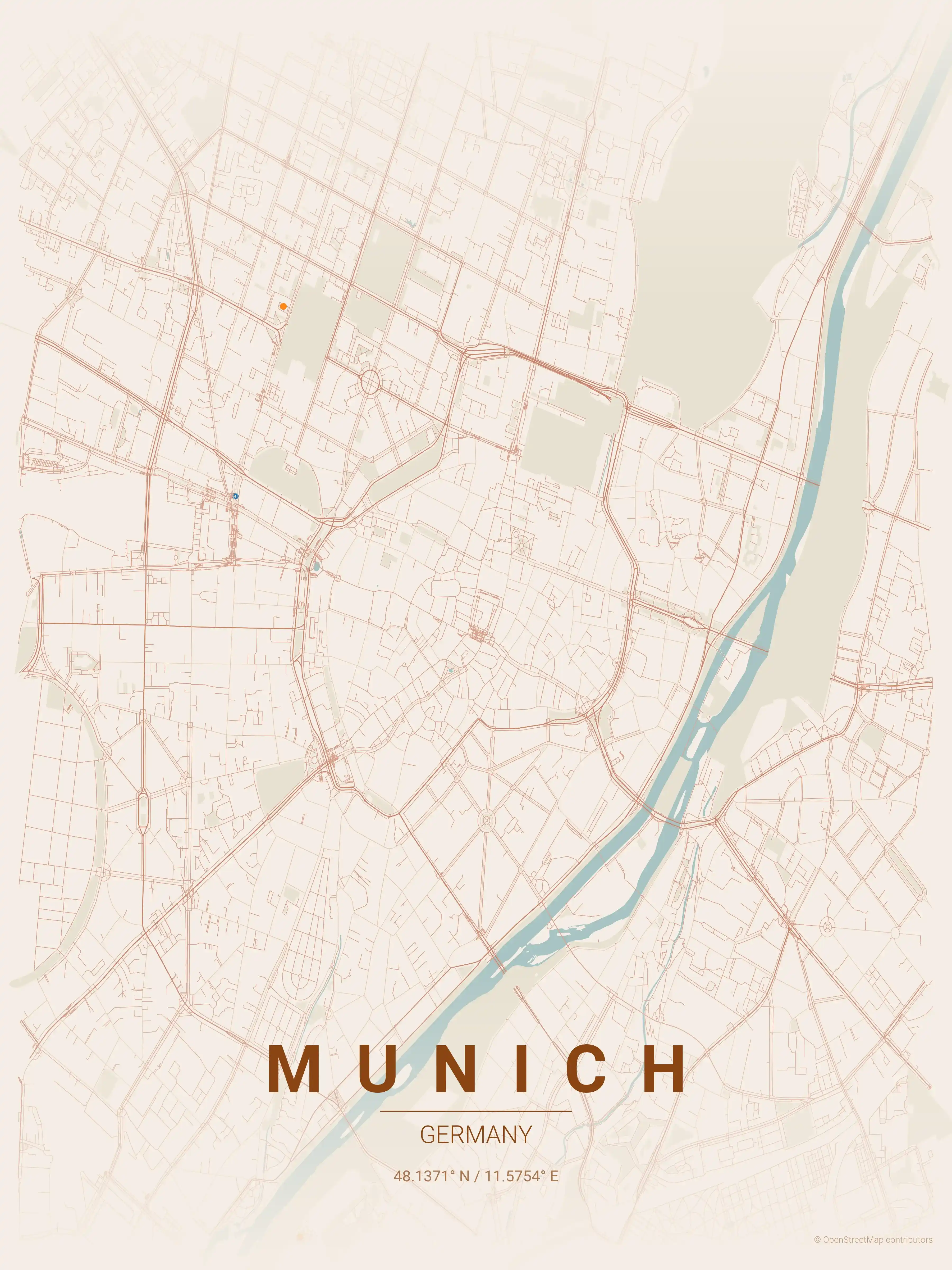 Minimalist terracotta street map of Munich, Germany - Urban grid art