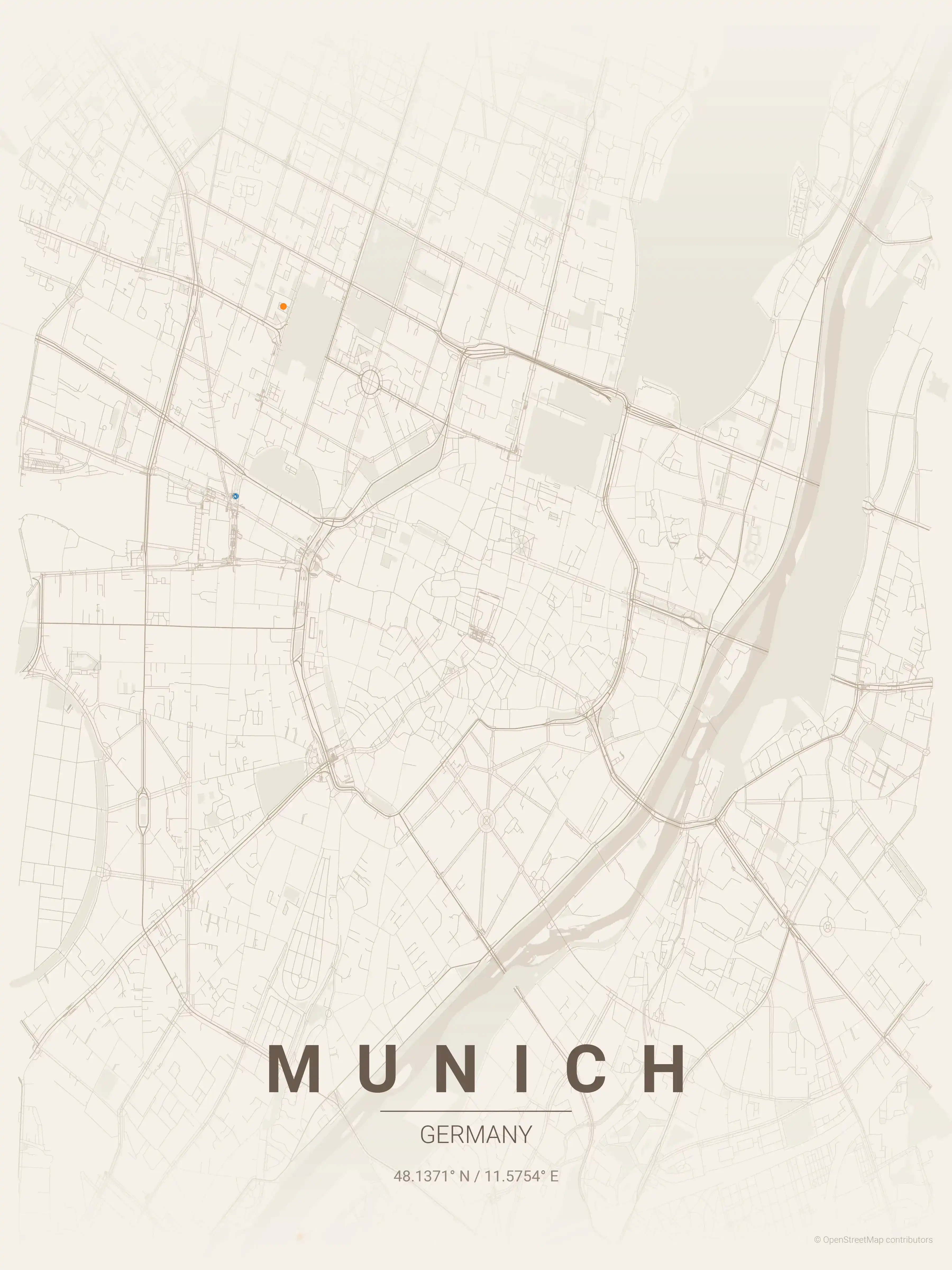Minimalist warm_beige street map of Munich, Germany - Urban grid art