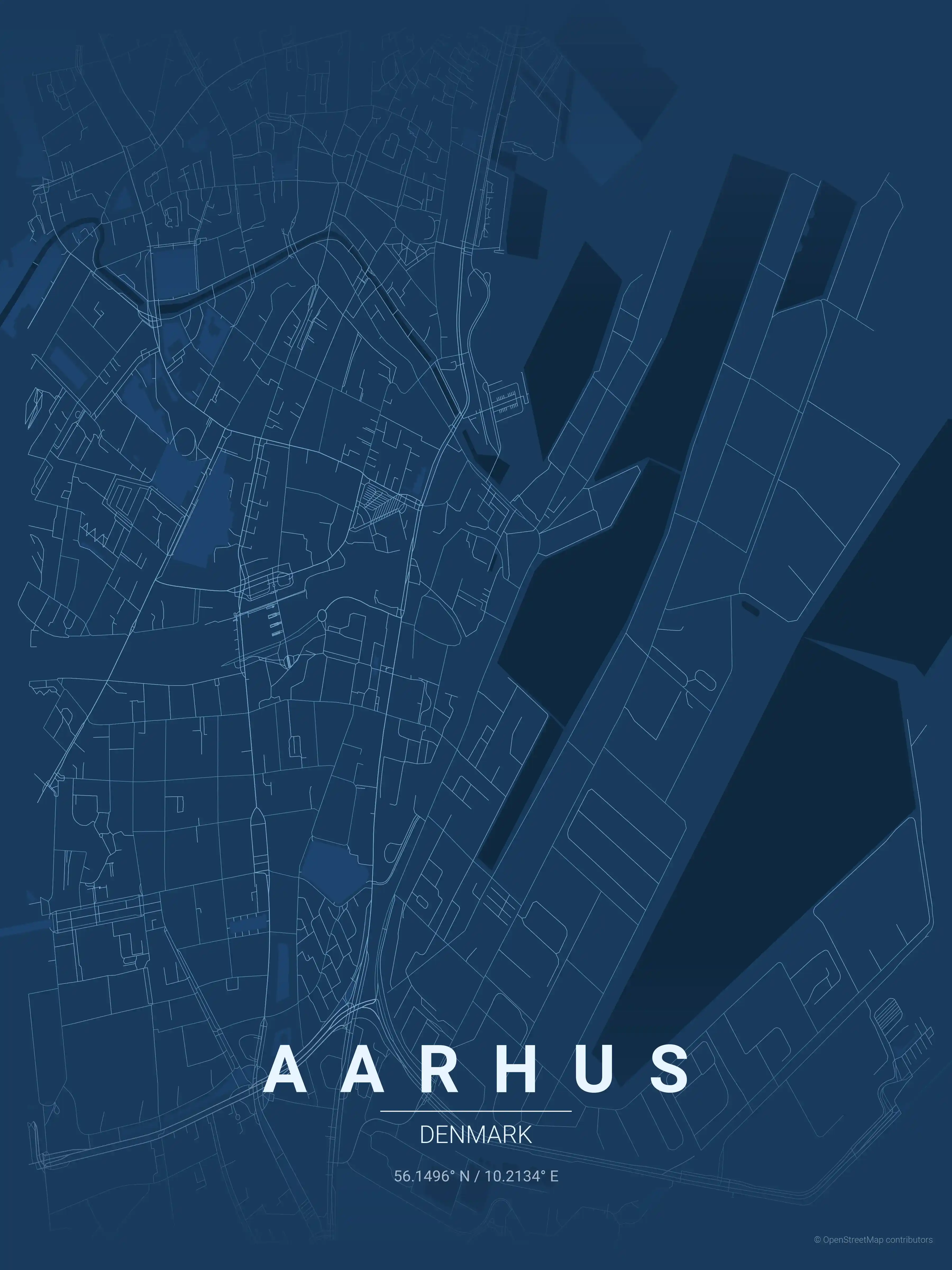 Minimalist blueprint street map of Aarhus, Denmark - Urban grid art