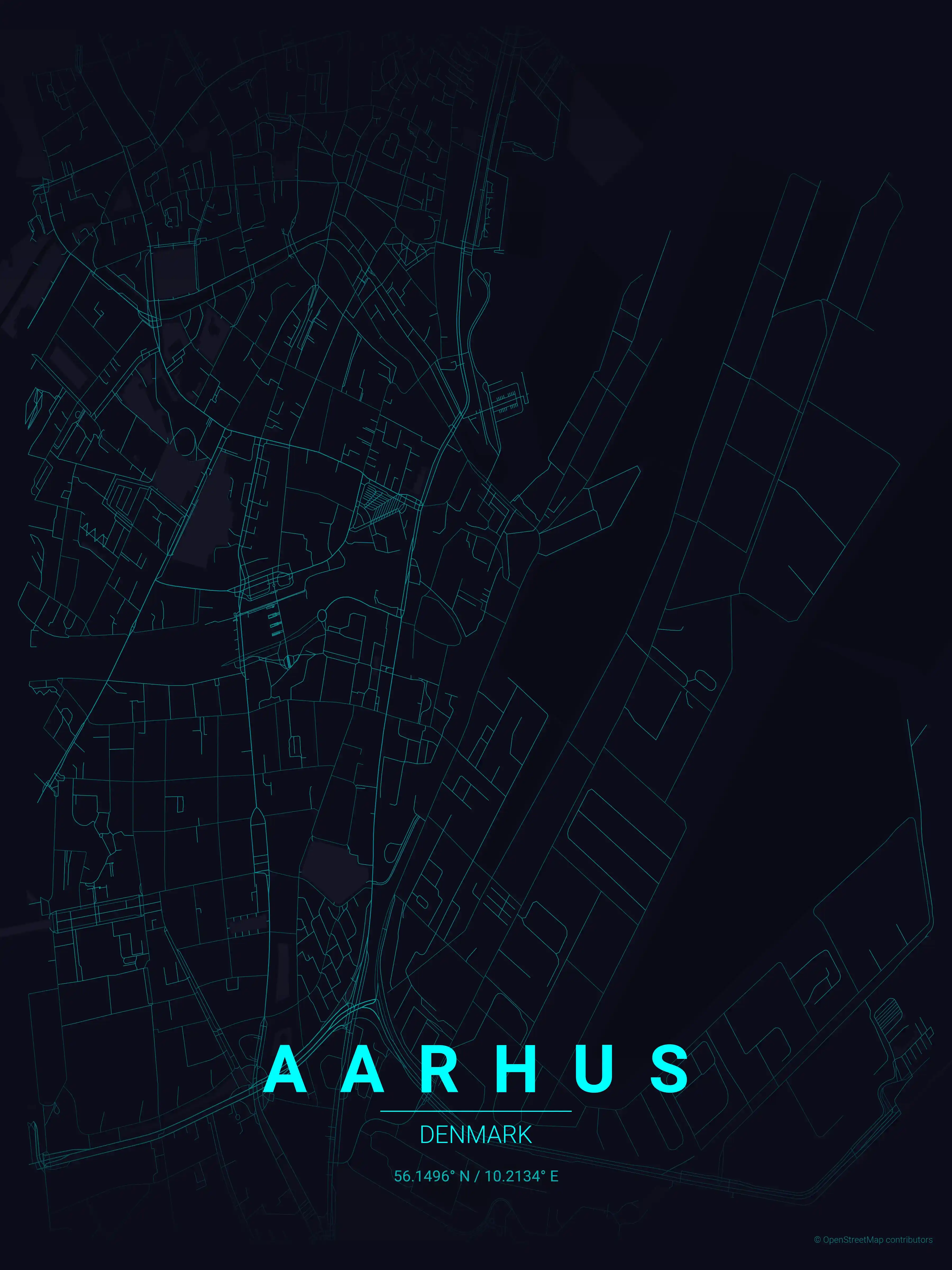 Minimalist neon_cyberpunk street map of Aarhus, Denmark - Urban grid art