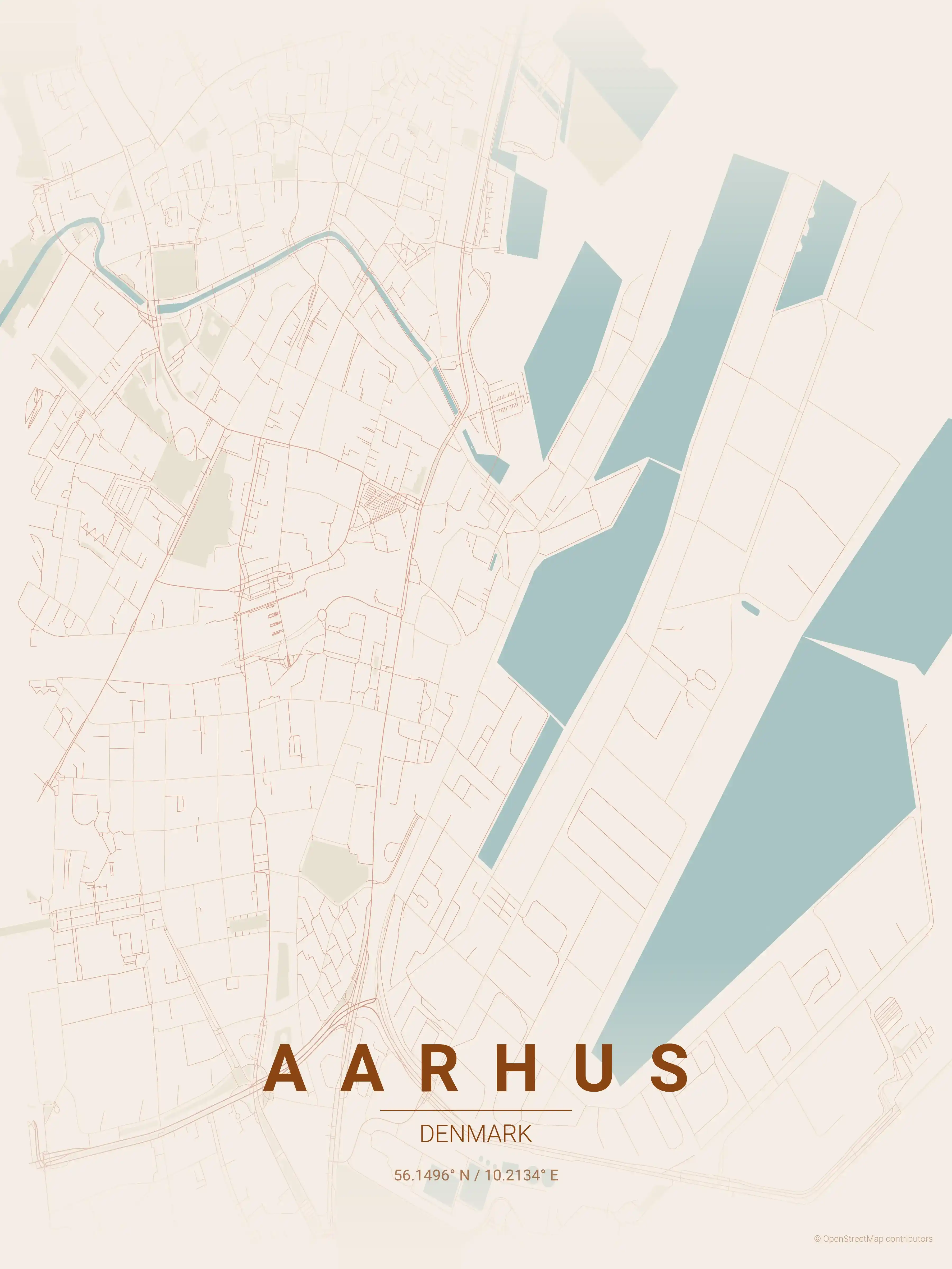 Minimalist terracotta street map of Aarhus, Denmark - Urban grid art