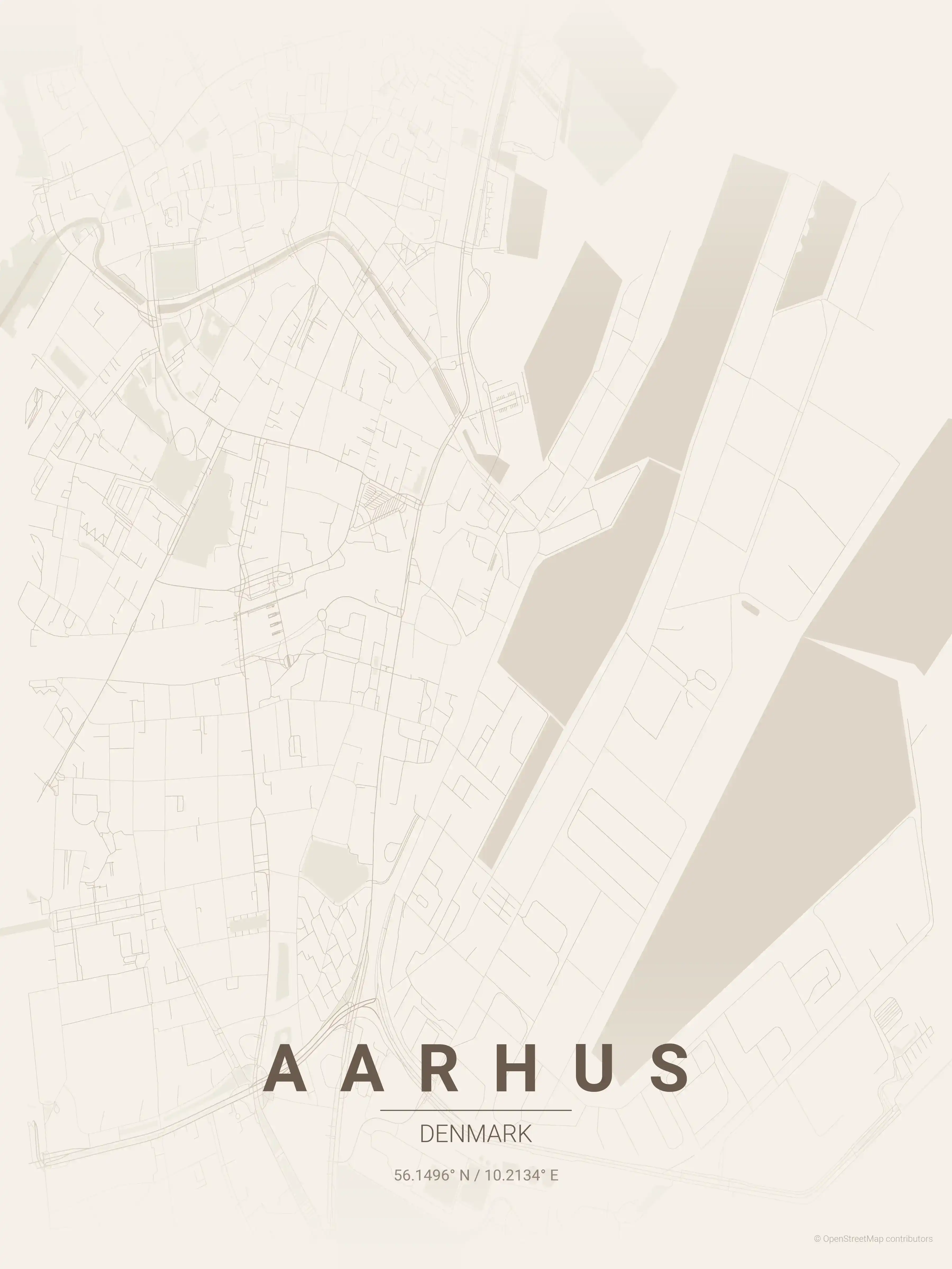 Minimalist warm_beige street map of Aarhus, Denmark - Urban grid art