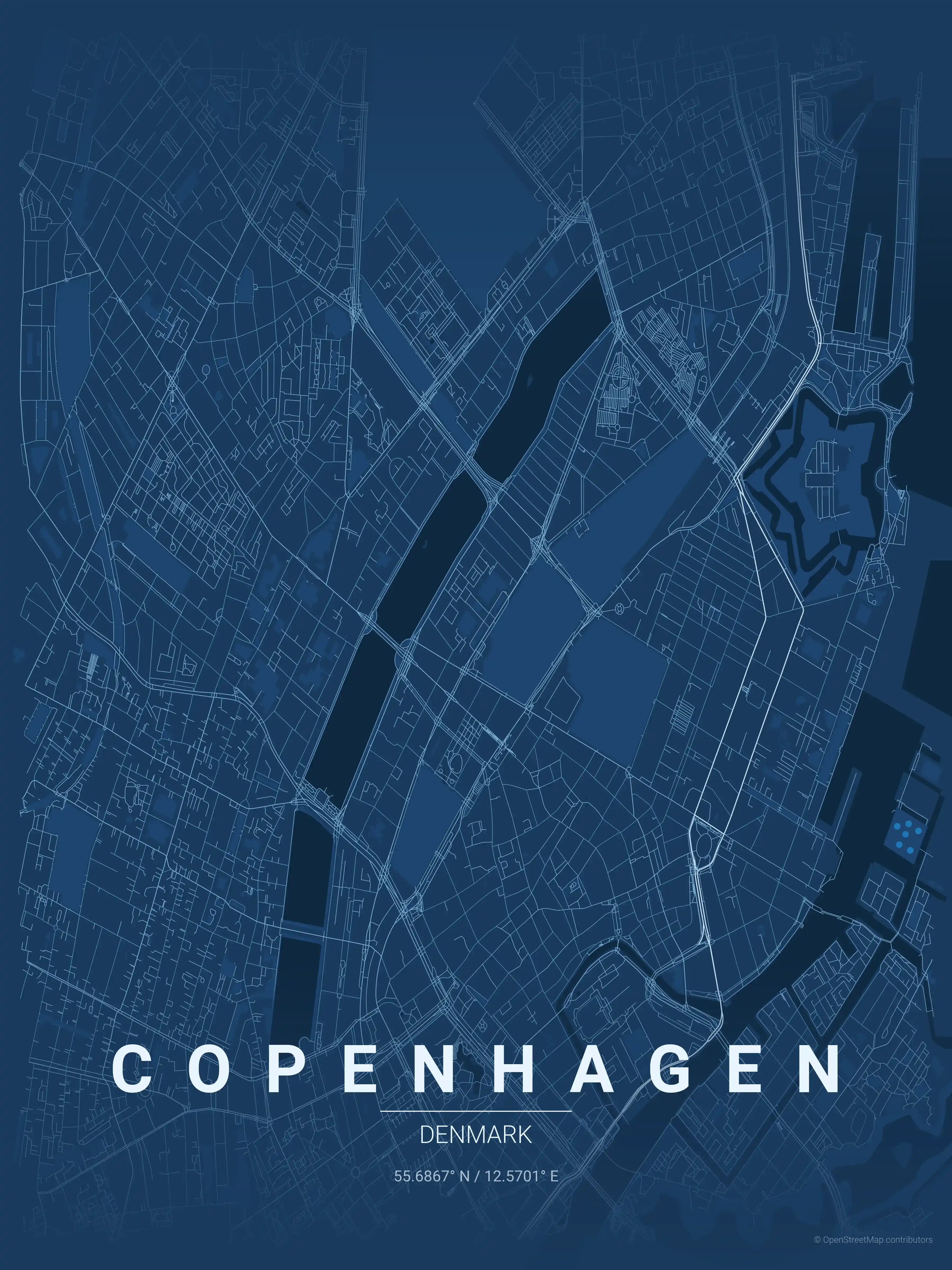 Minimalist blueprint street map of Copenhagen, Denmark - Urban grid art