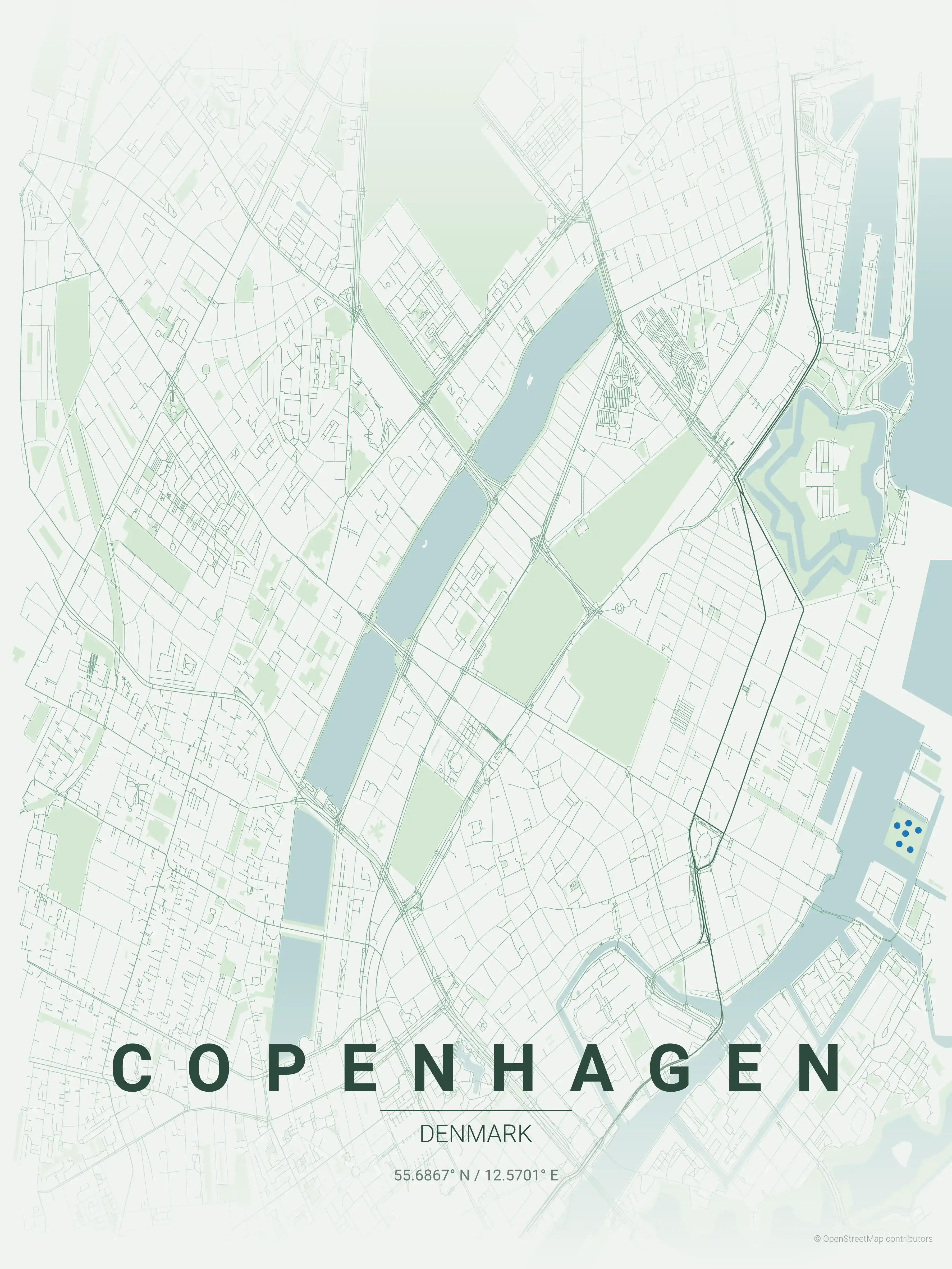 Minimalist forest street map of Copenhagen, Denmark - Urban grid art