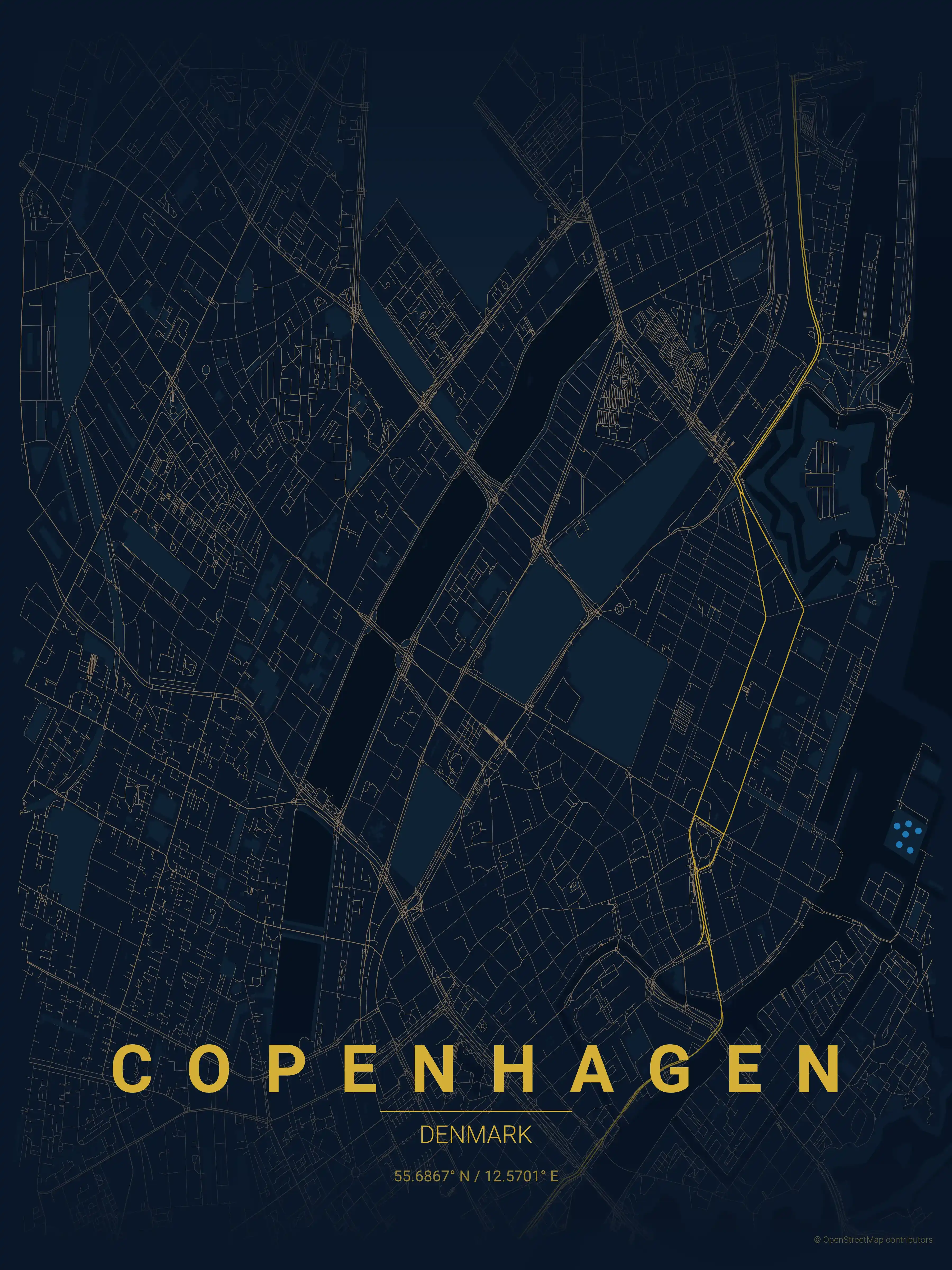 Minimalist midnight_blue street map of Copenhagen, Denmark - Urban grid art