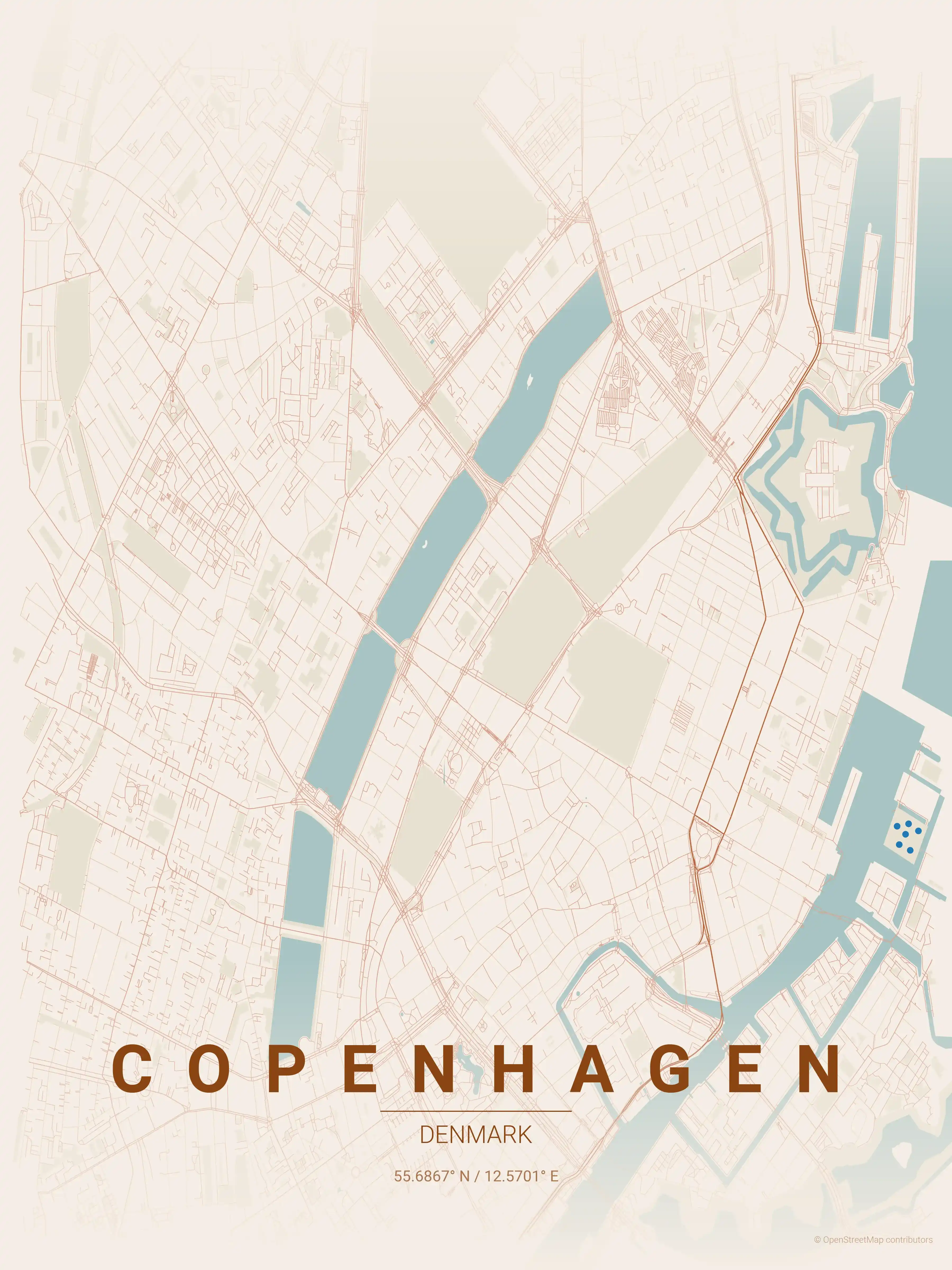 Minimalist terracotta street map of Copenhagen, Denmark - Urban grid art
