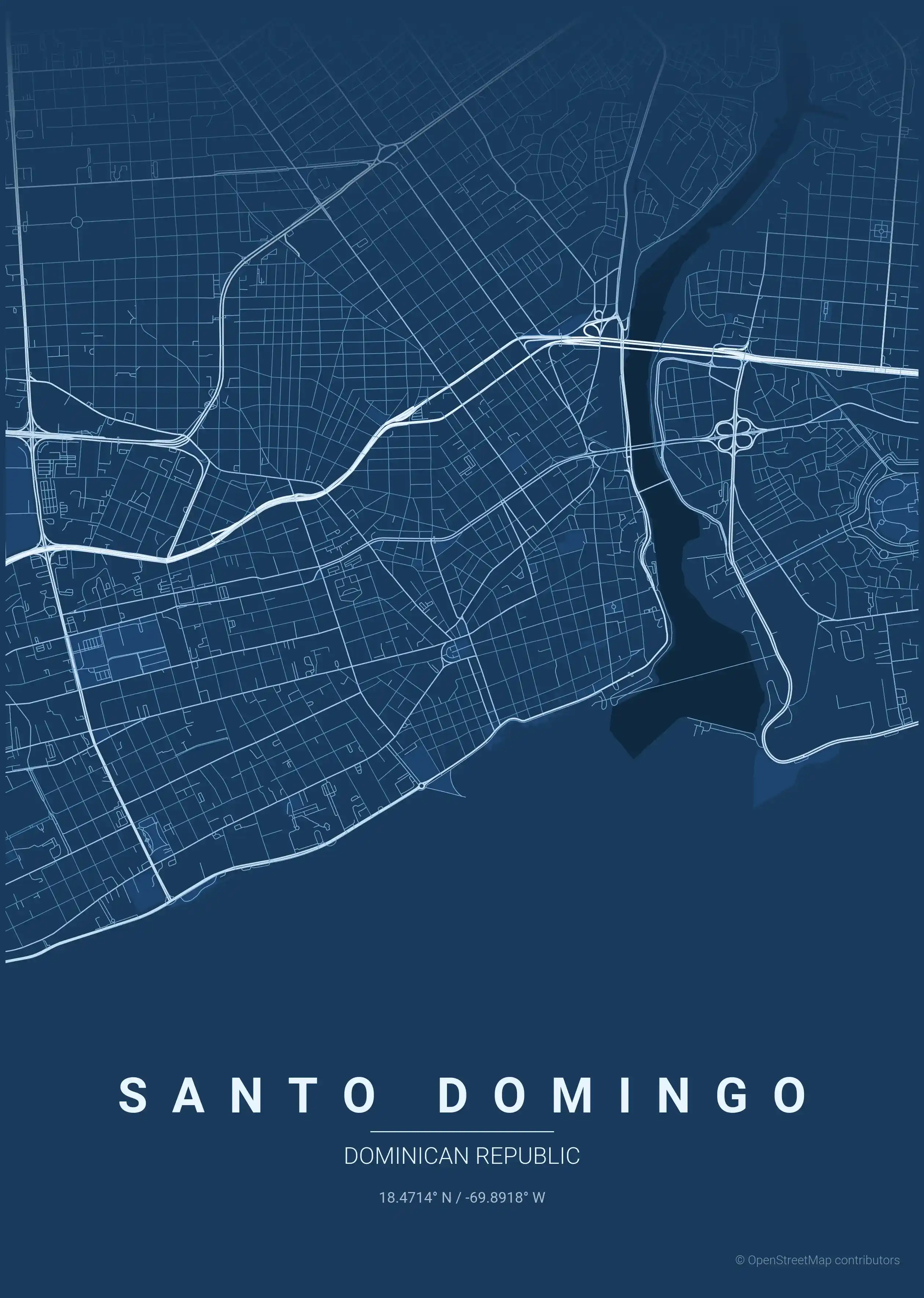 Minimalist blueprint street map of Santo Domingo, Dominican Republic - Urban grid art