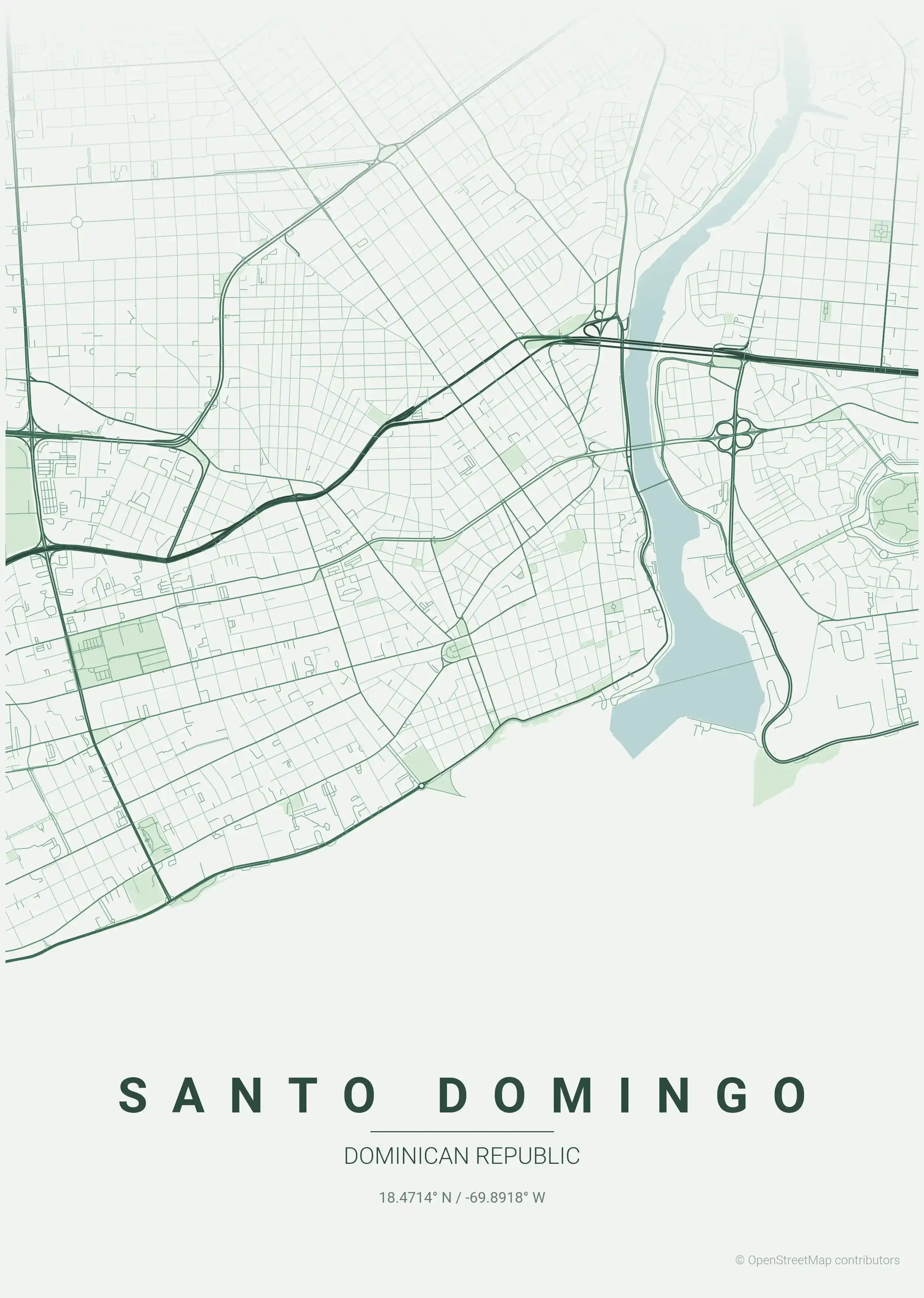 Minimalist forest street map of Santo Domingo, Dominican Republic - Urban grid art