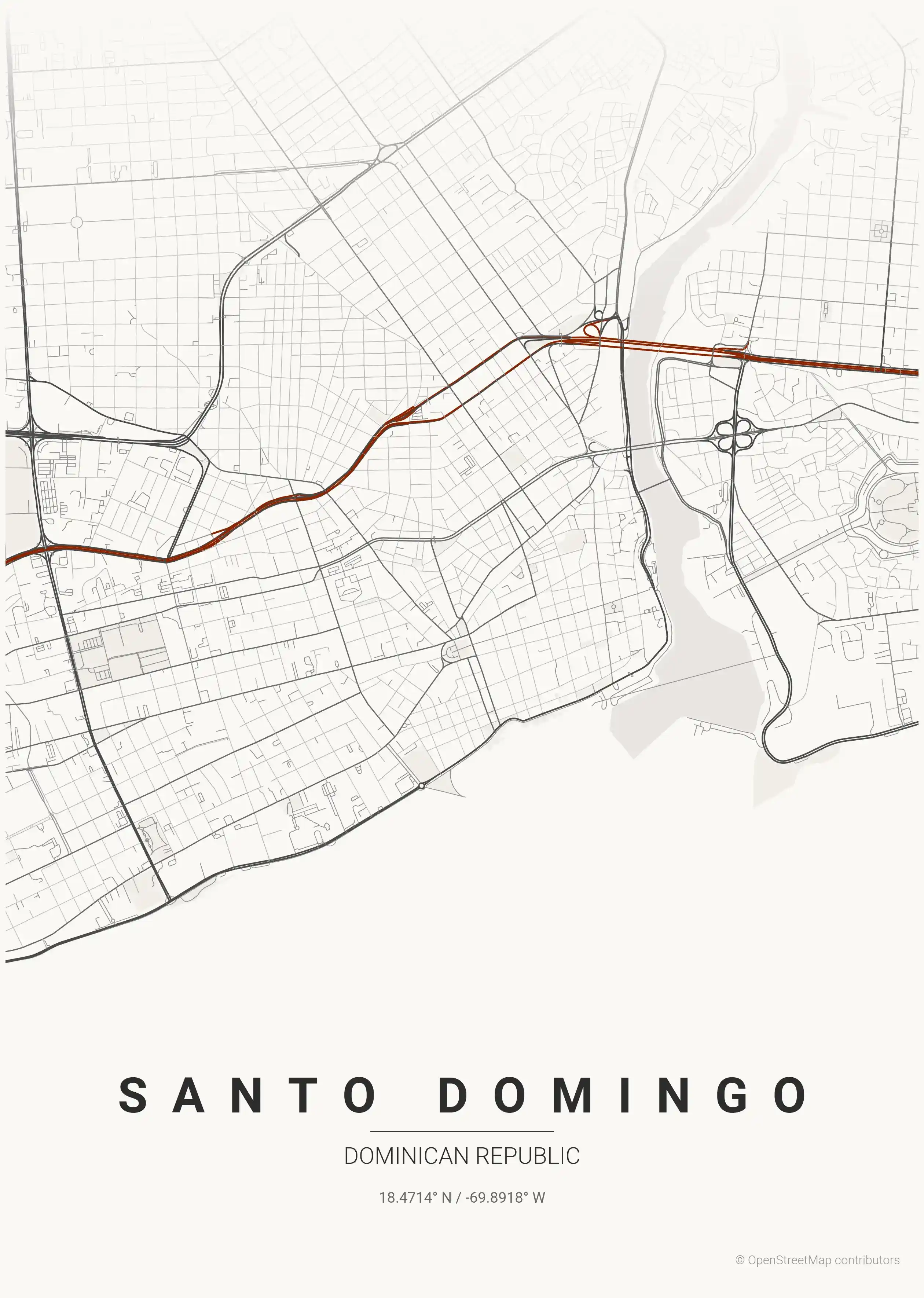 Minimalist japanese_ink street map of Santo Domingo, Dominican Republic - Urban grid art