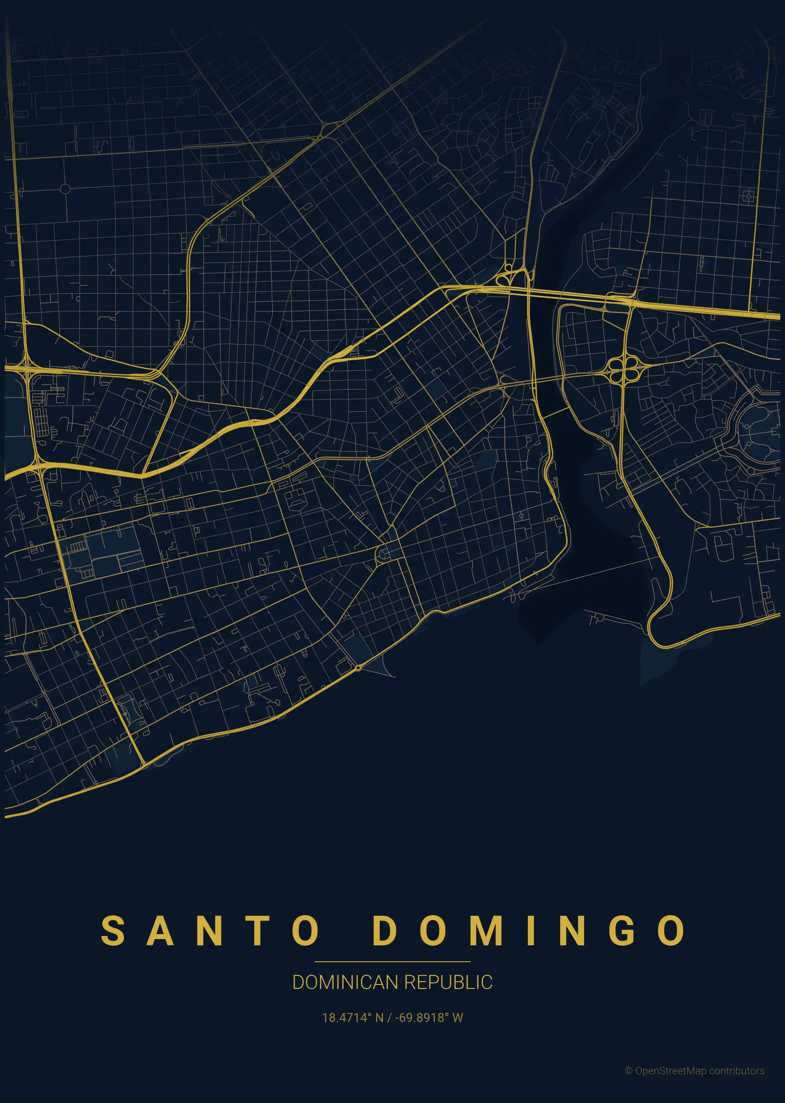 Minimalist midnight_blue street map of Santo Domingo, Dominican Republic - Urban grid art
