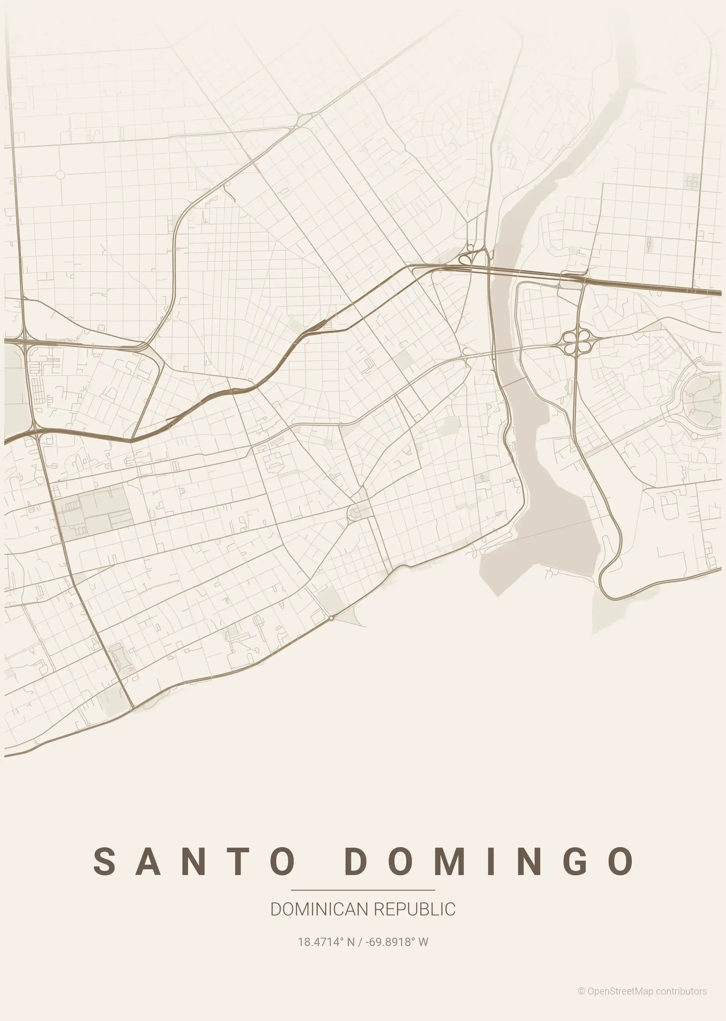 Minimalist warm_beige street map of Santo Domingo, Dominican Republic - Urban grid art