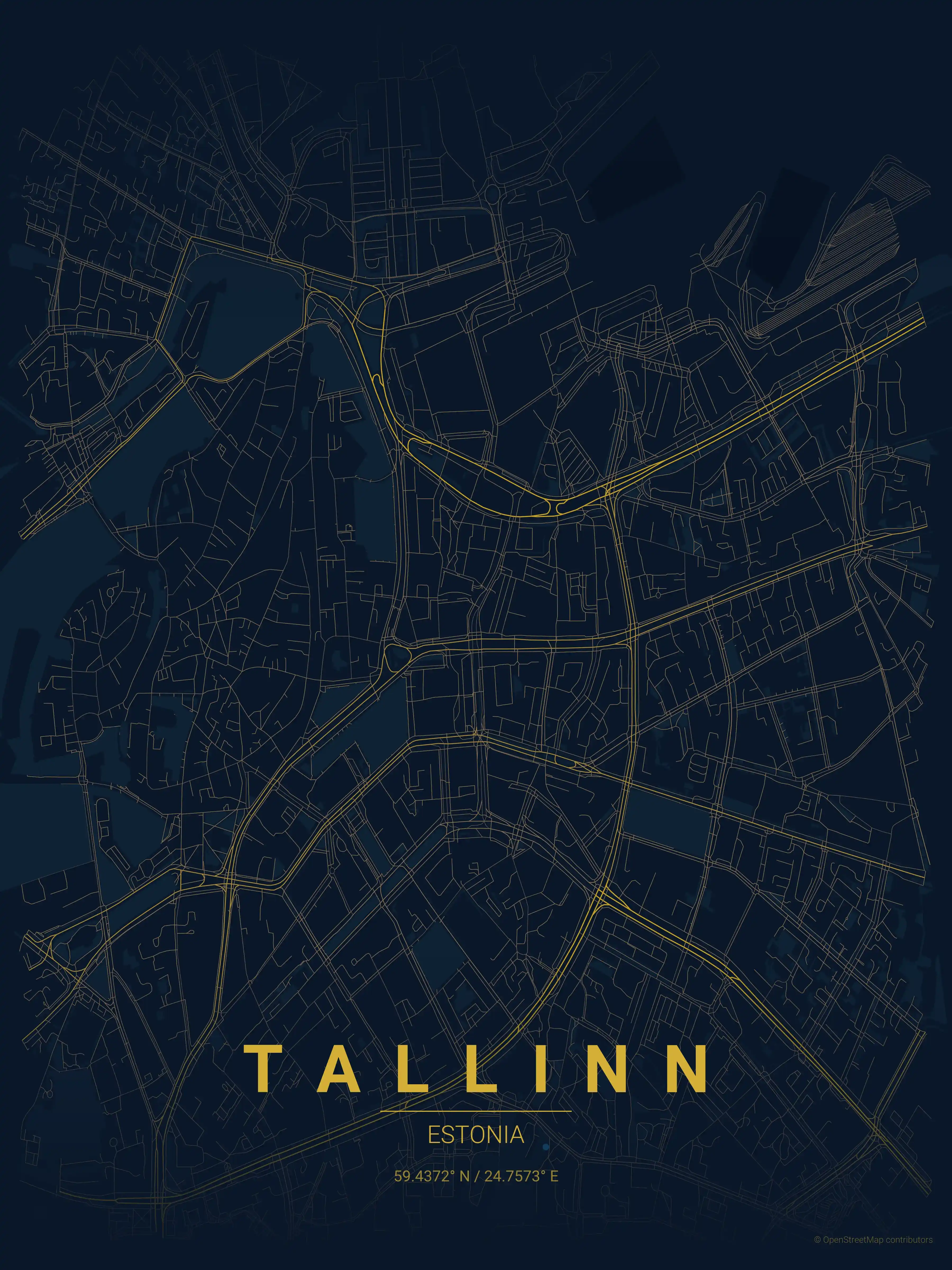 Minimalist midnight_blue street map of Tallinn, Estonia - Urban grid art