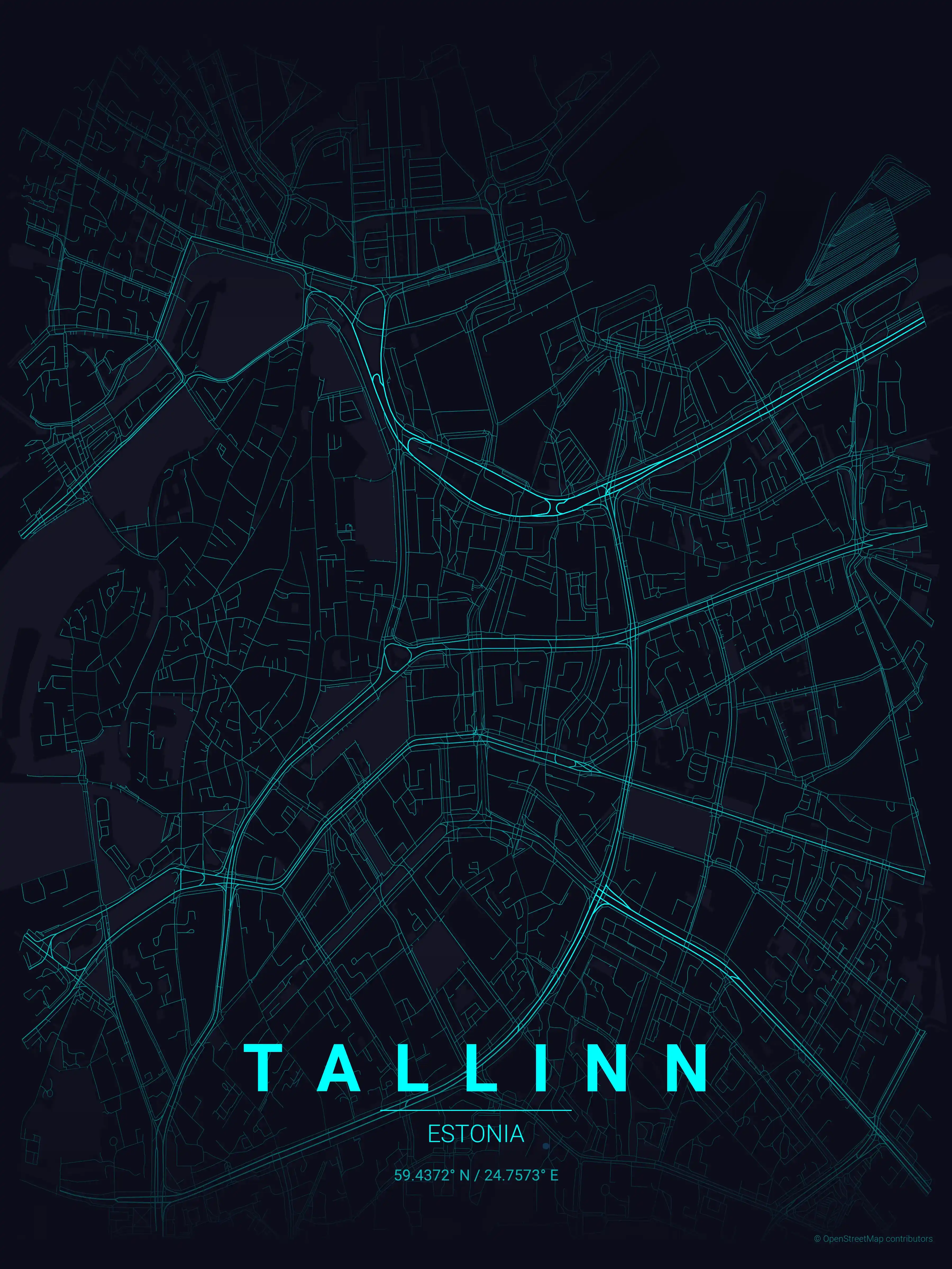 Minimalist neon_cyberpunk street map of Tallinn, Estonia - Urban grid art