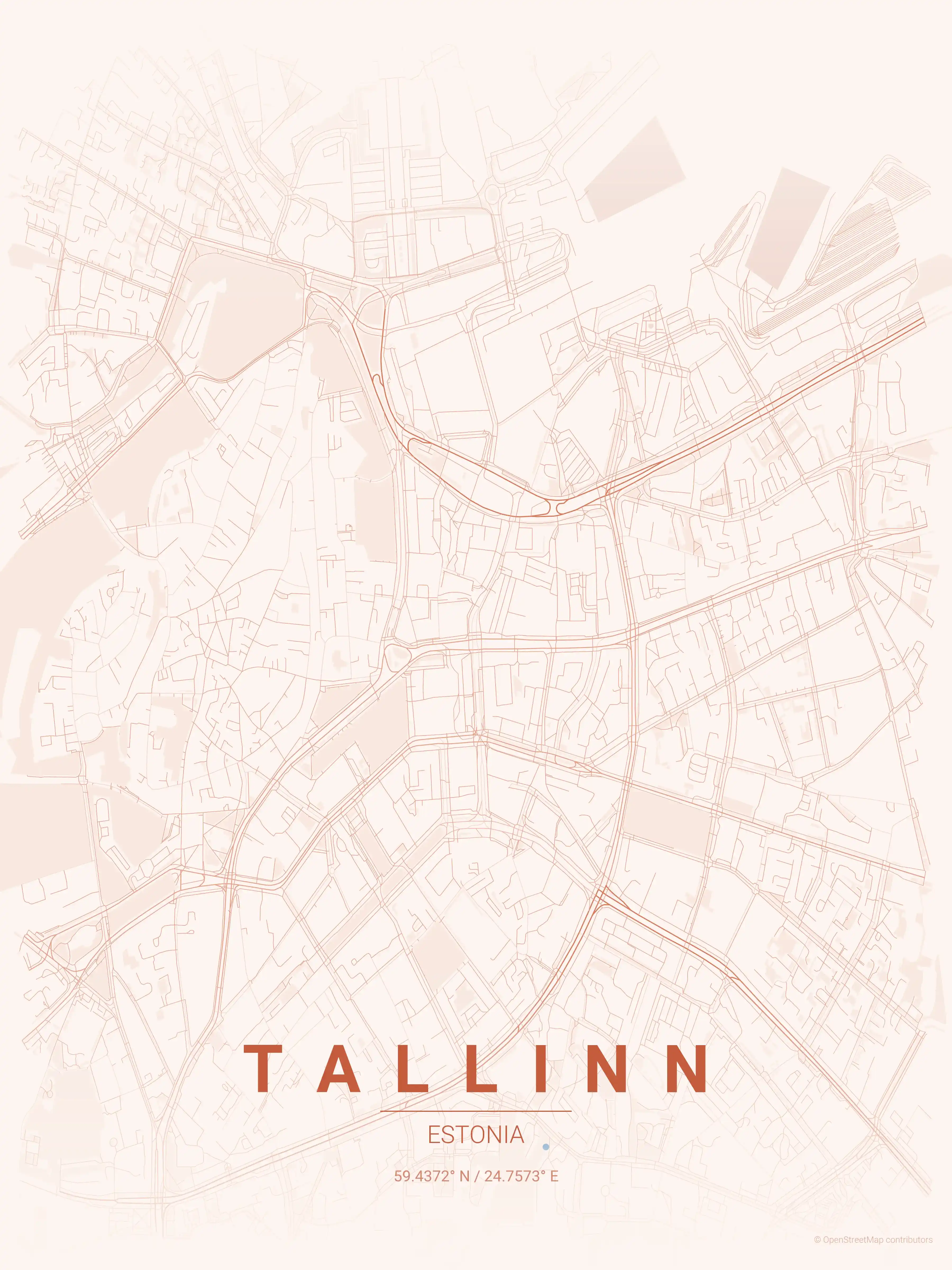 Minimalist sunset street map of Tallinn, Estonia - Urban grid art