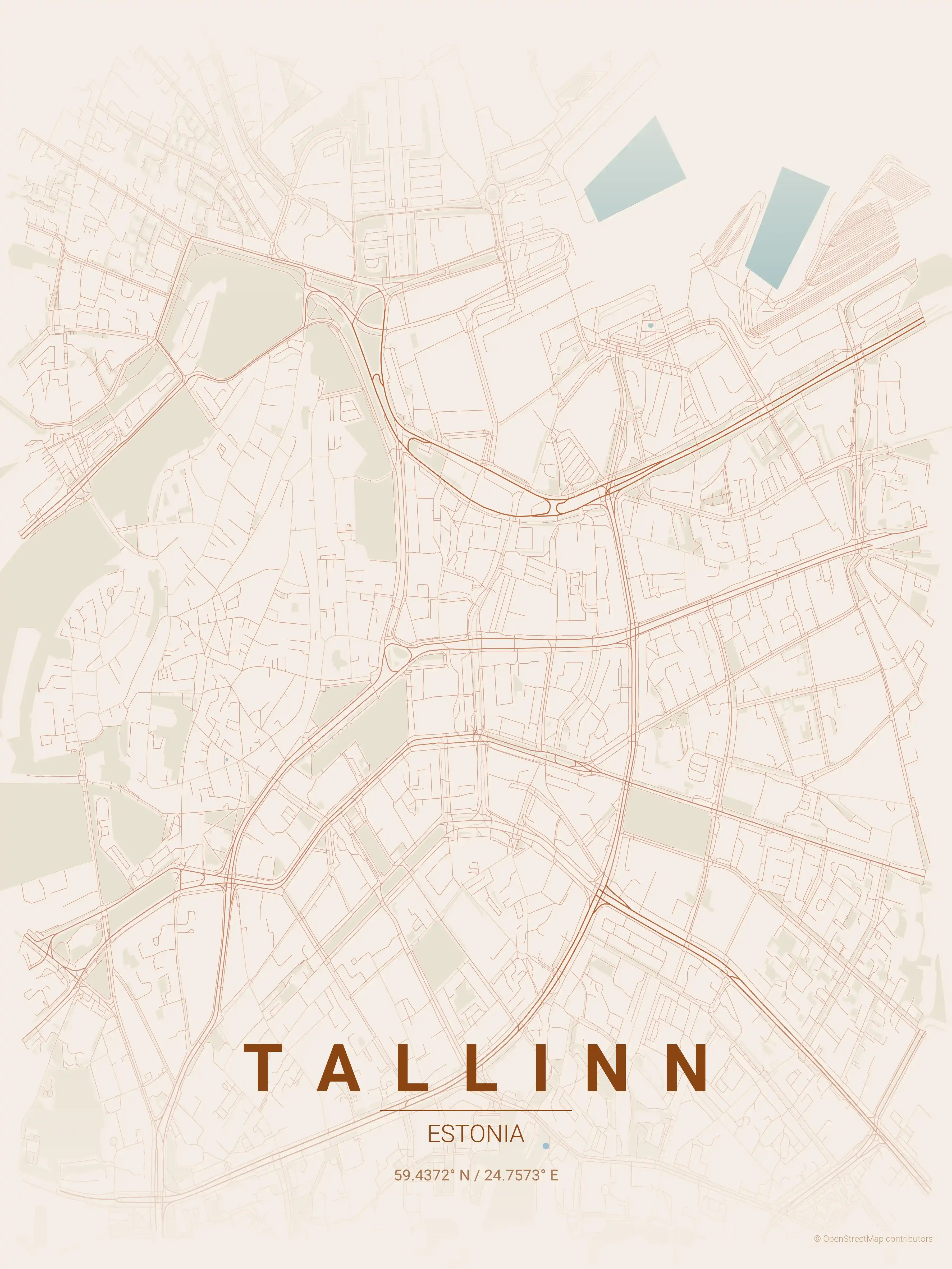 Minimalist terracotta street map of Tallinn, Estonia - Urban grid art