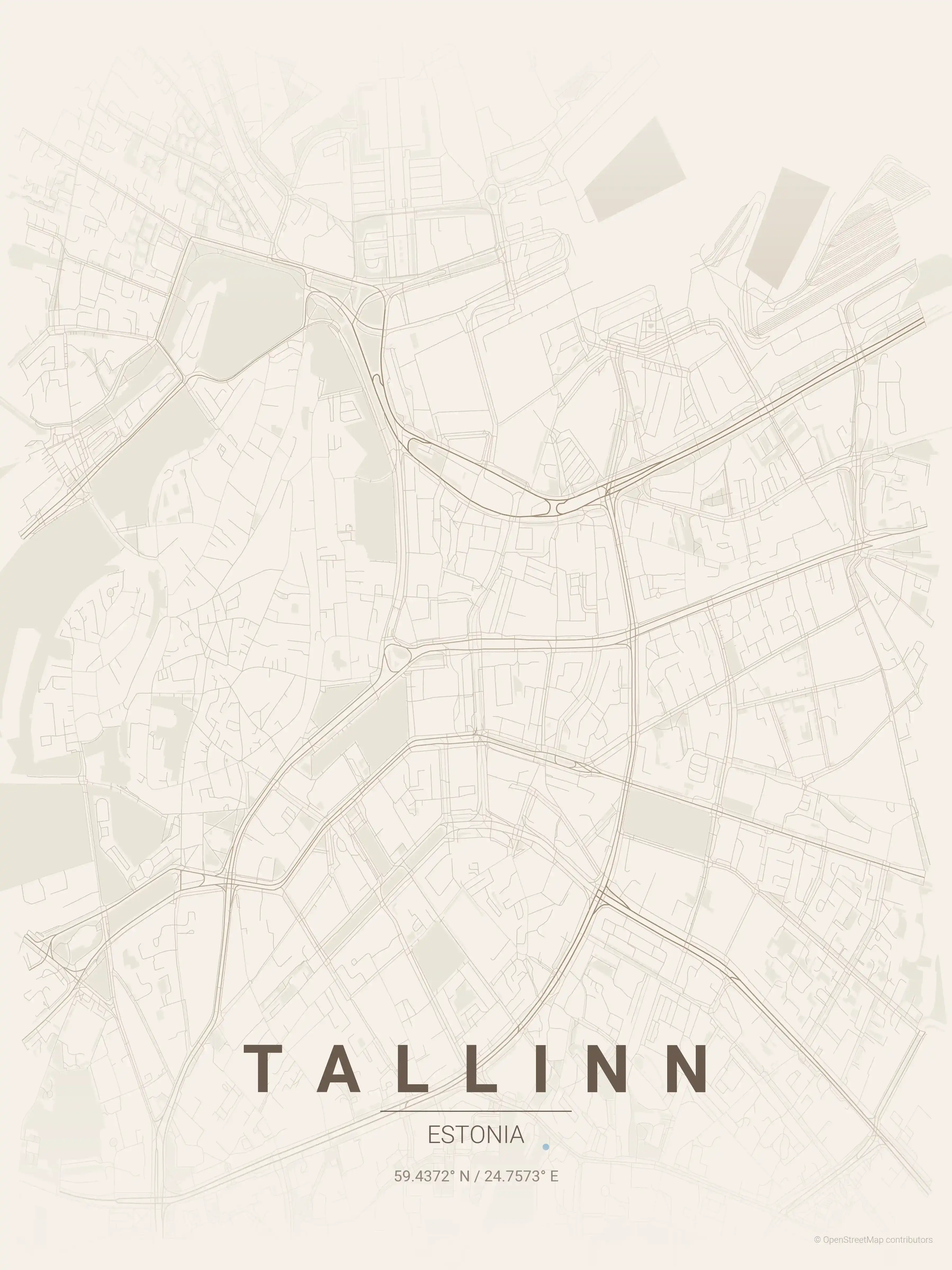 Minimalist warm_beige street map of Tallinn, Estonia - Urban grid art