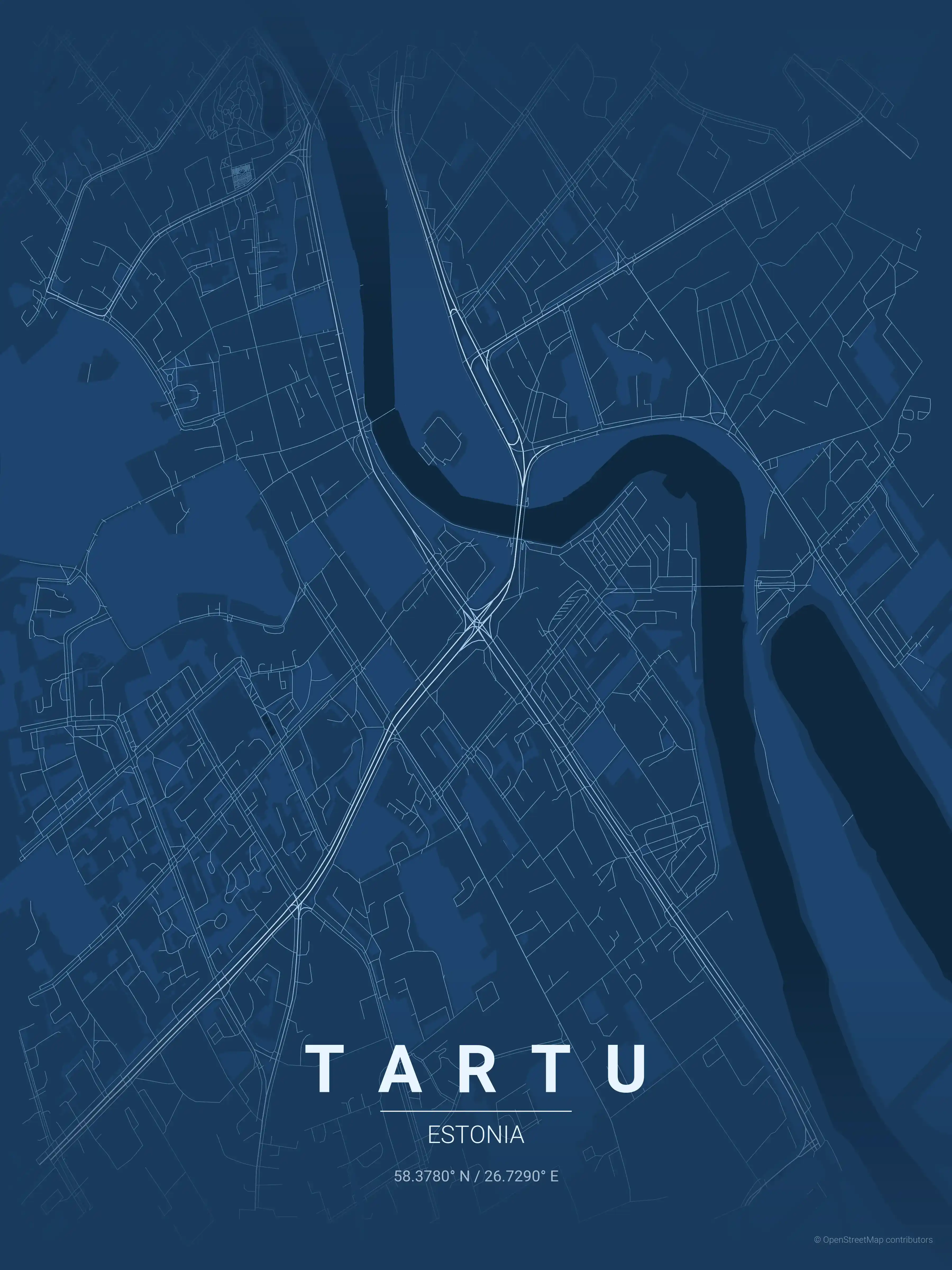 Minimalist blueprint street map of Tartu, Estonia - Urban grid art