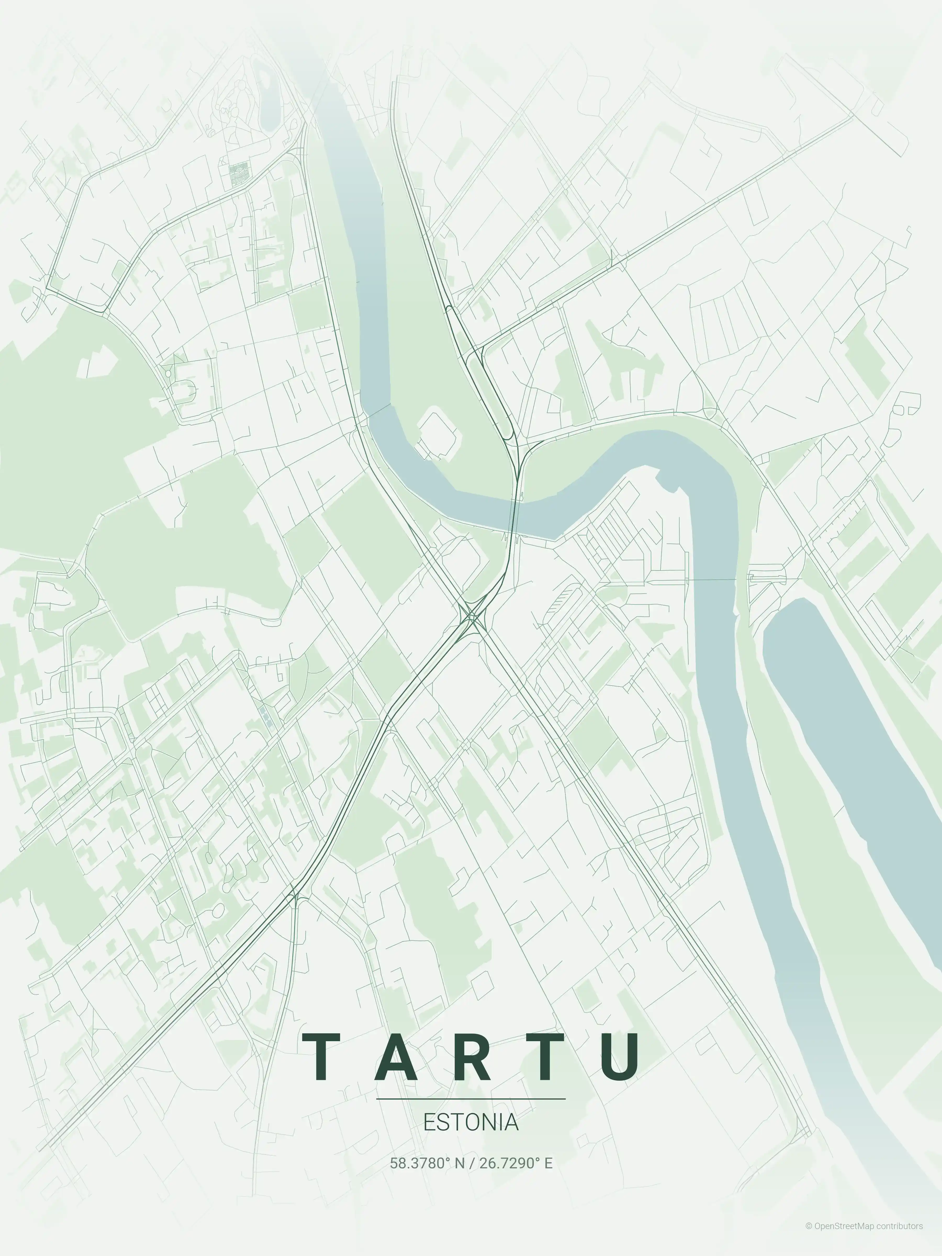 Minimalist forest street map of Tartu, Estonia - Urban grid art