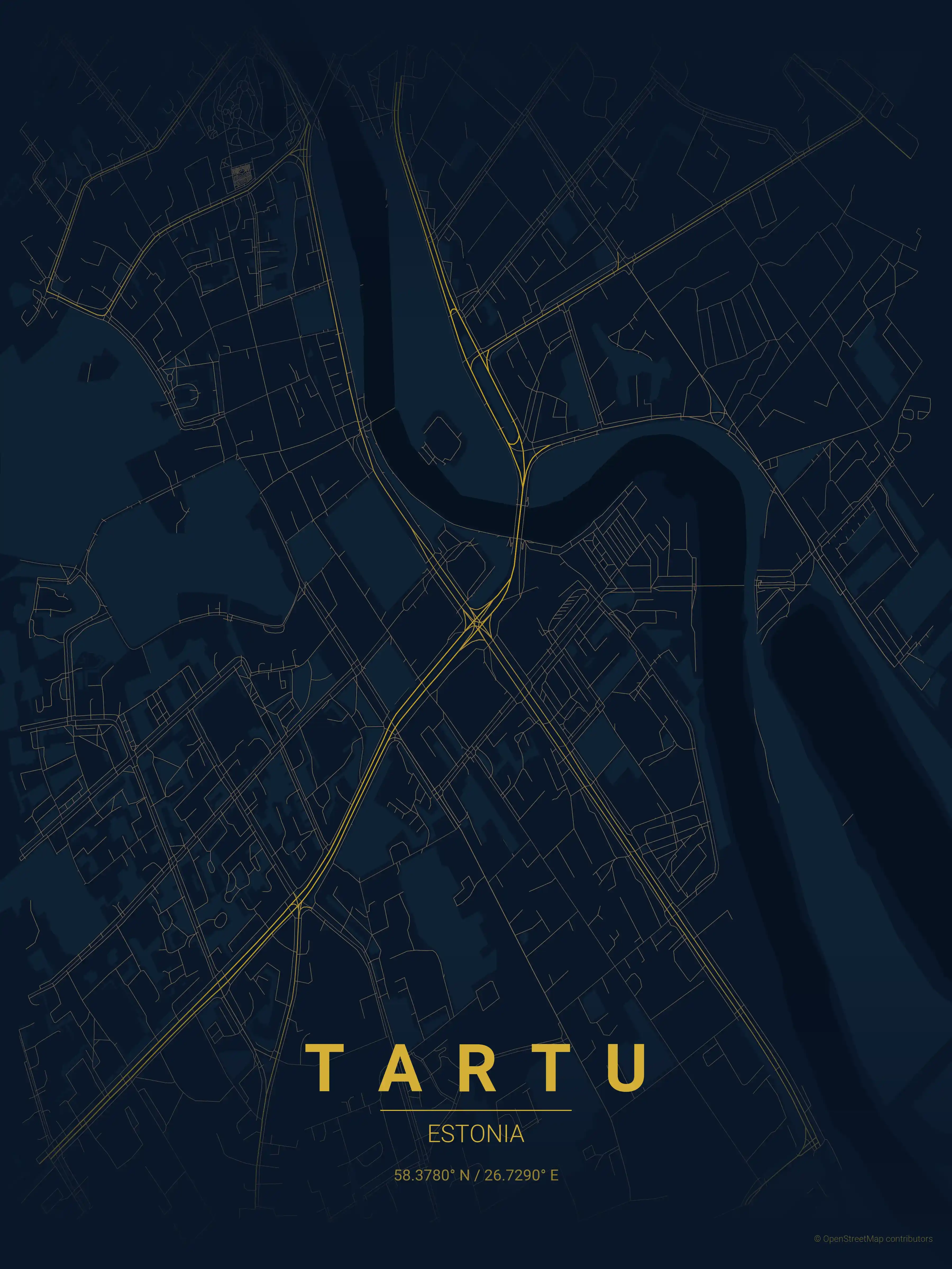 Minimalist midnight_blue street map of Tartu, Estonia - Urban grid art