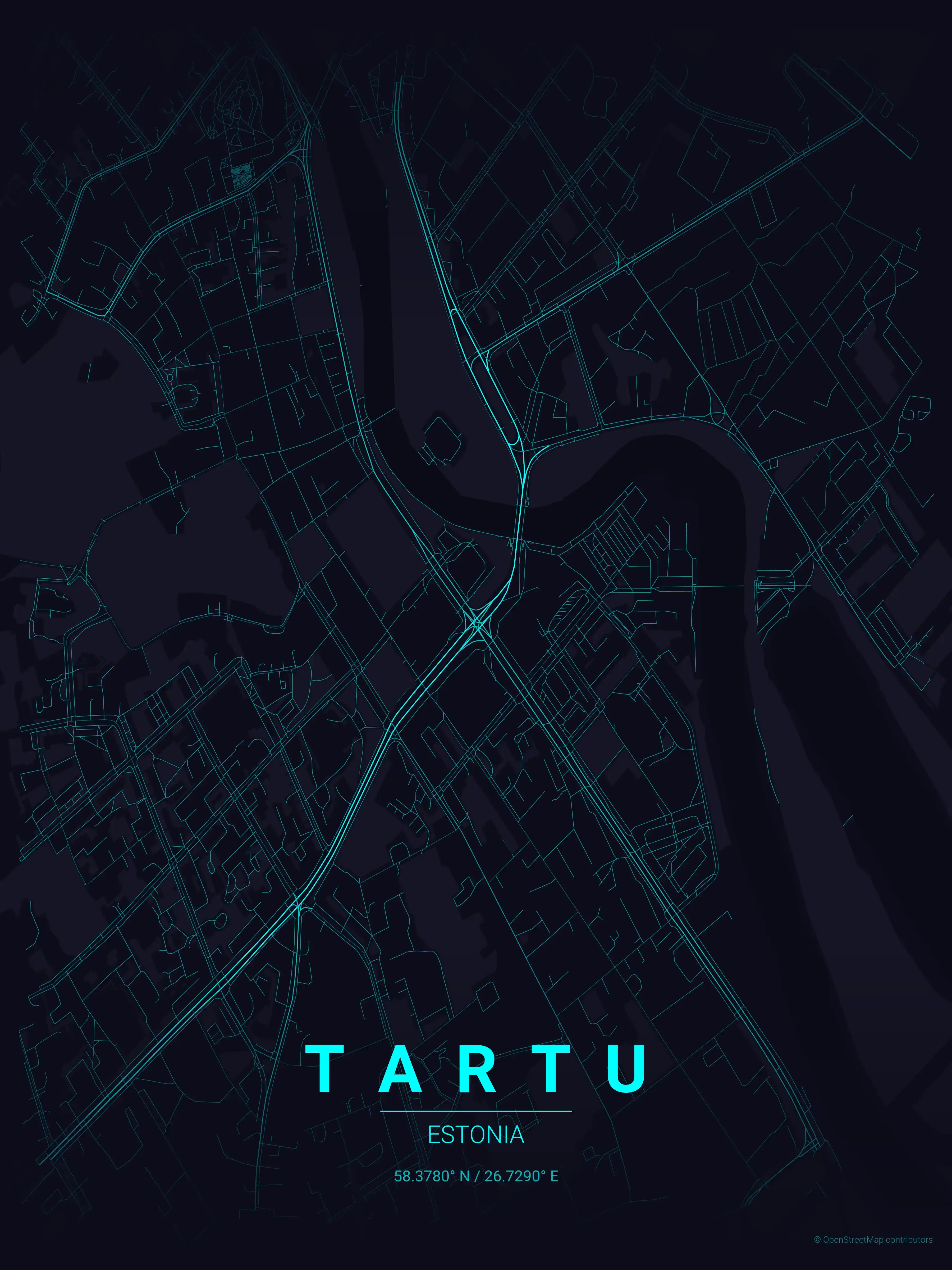 Minimalist neon_cyberpunk street map of Tartu, Estonia - Urban grid art