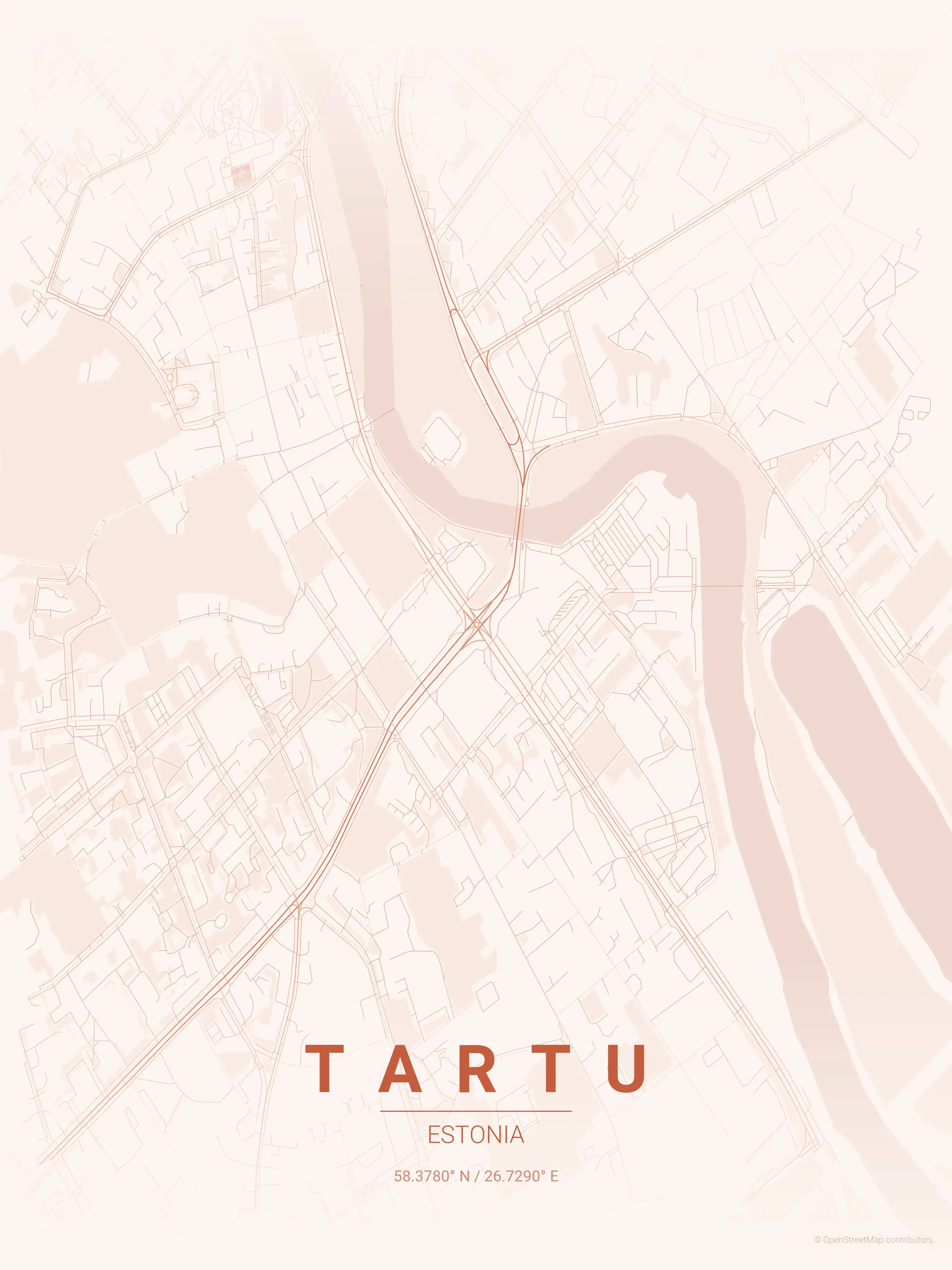 Minimalist sunset street map of Tartu, Estonia - Urban grid art