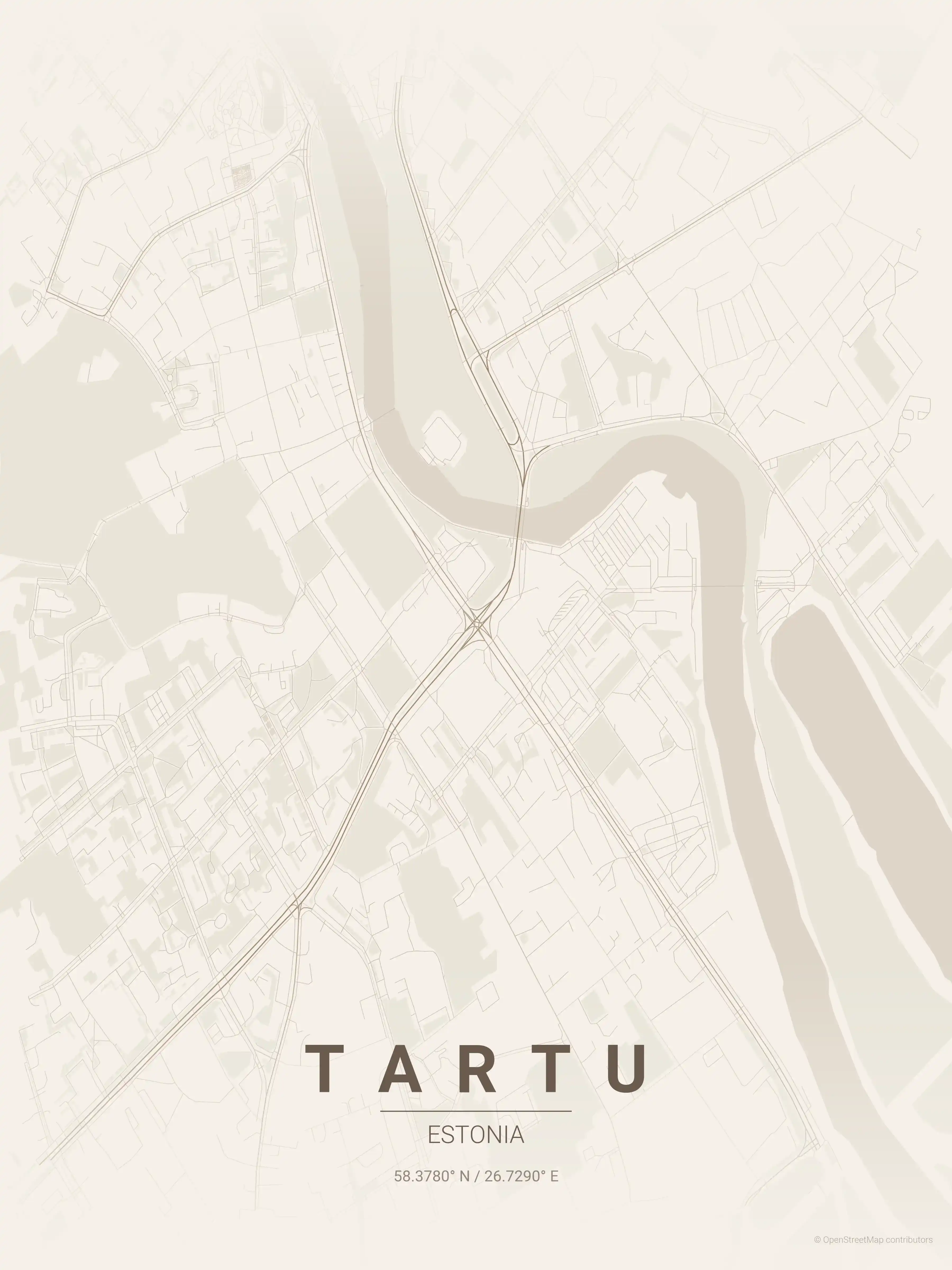 Minimalist warm_beige street map of Tartu, Estonia - Urban grid art