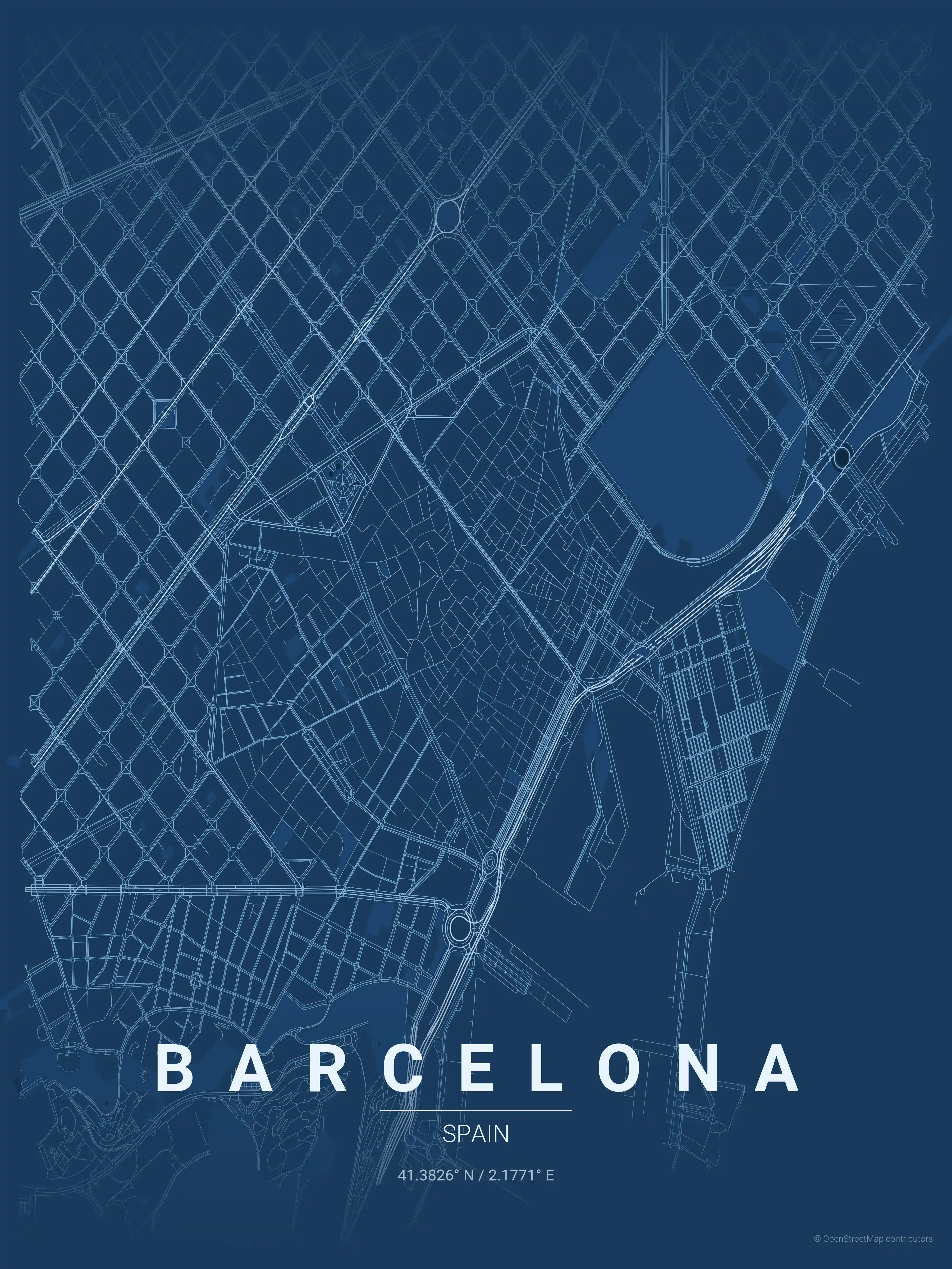 Minimalist blueprint street map of Barcelona, Spain - Urban grid art