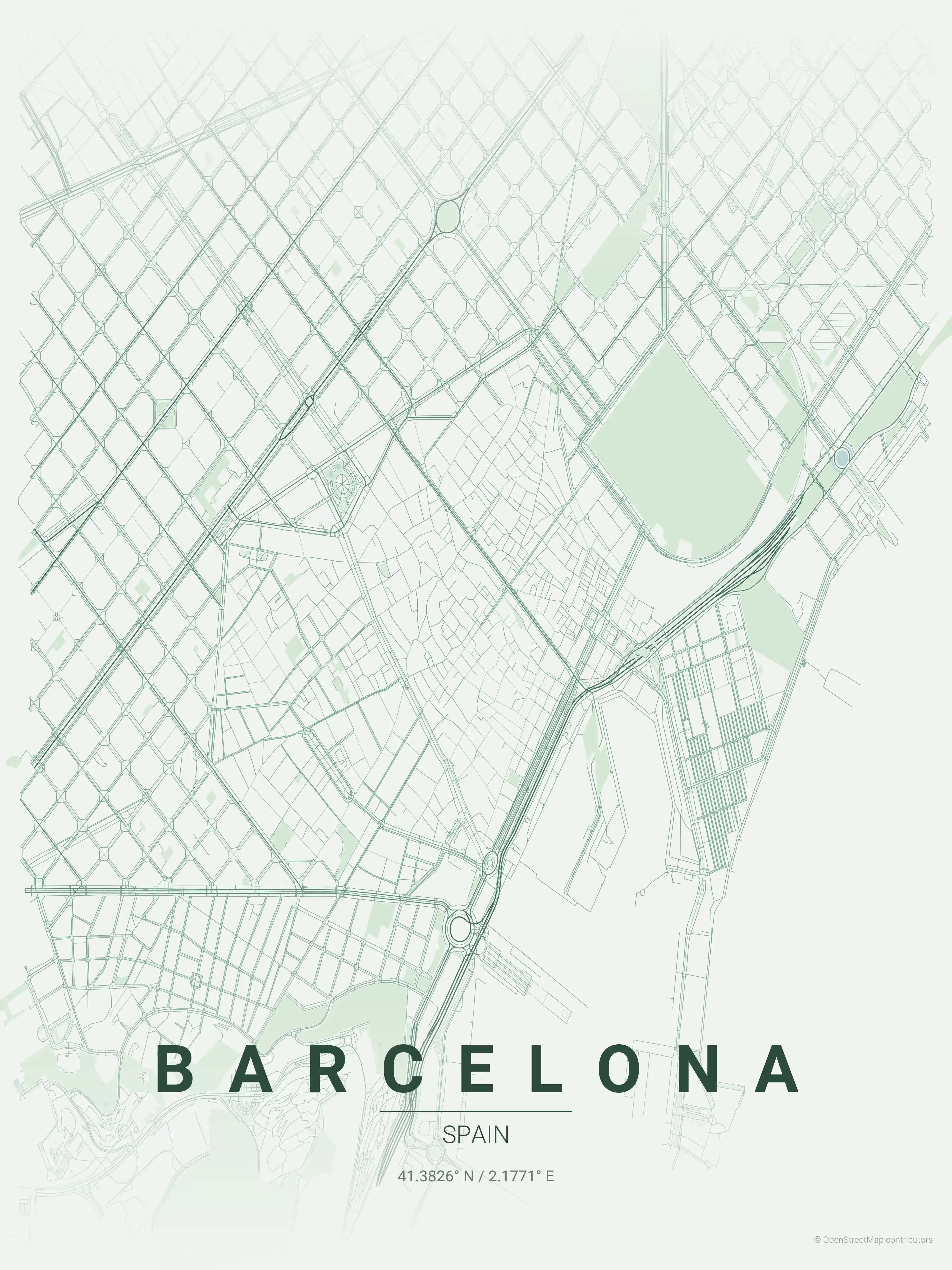 Minimalist forest street map of Barcelona, Spain - Urban grid art
