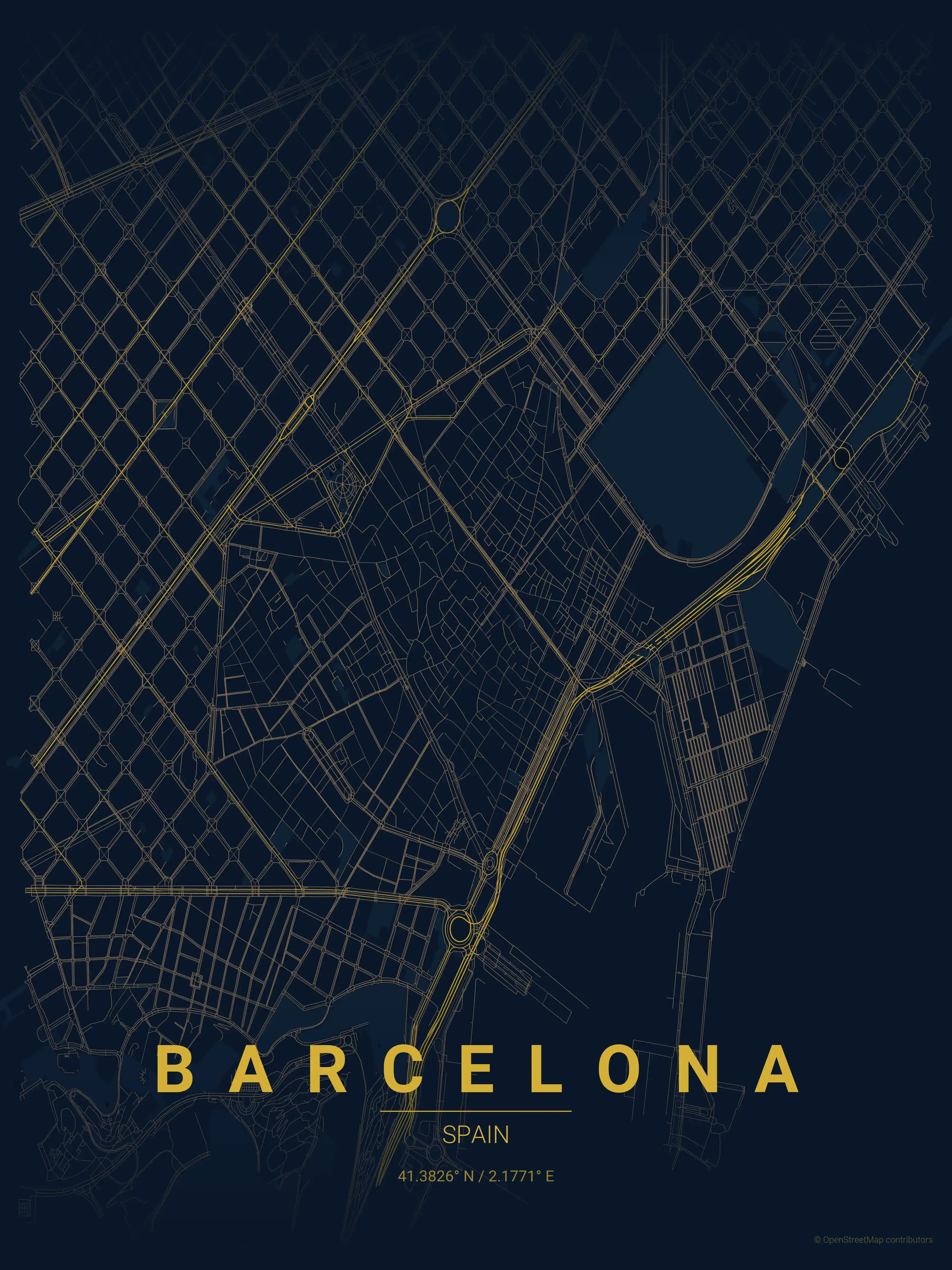 Minimalist midnight_blue street map of Barcelona, Spain - Urban grid art