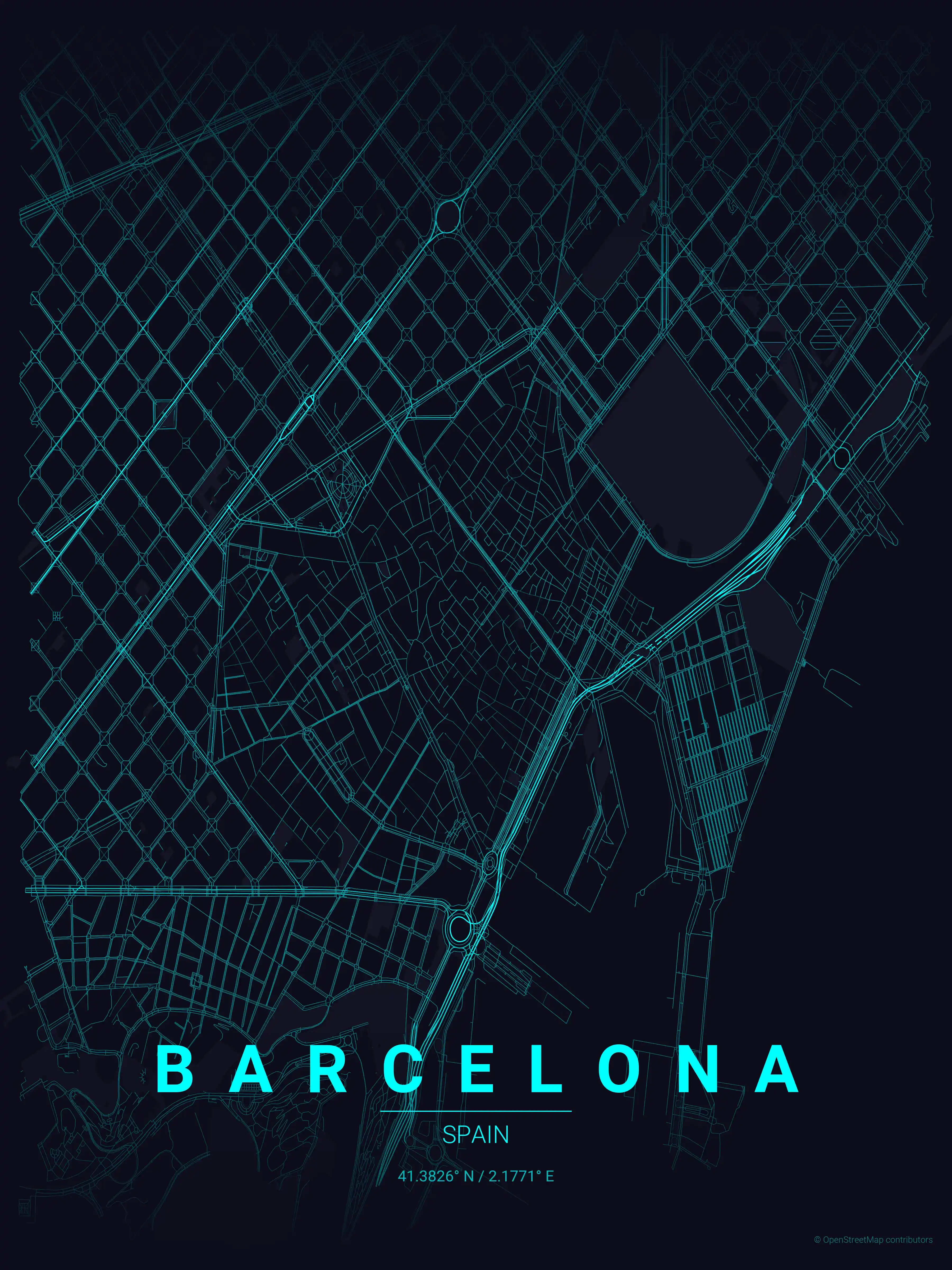 Minimalist neon_cyberpunk street map of Barcelona, Spain - Urban grid art
