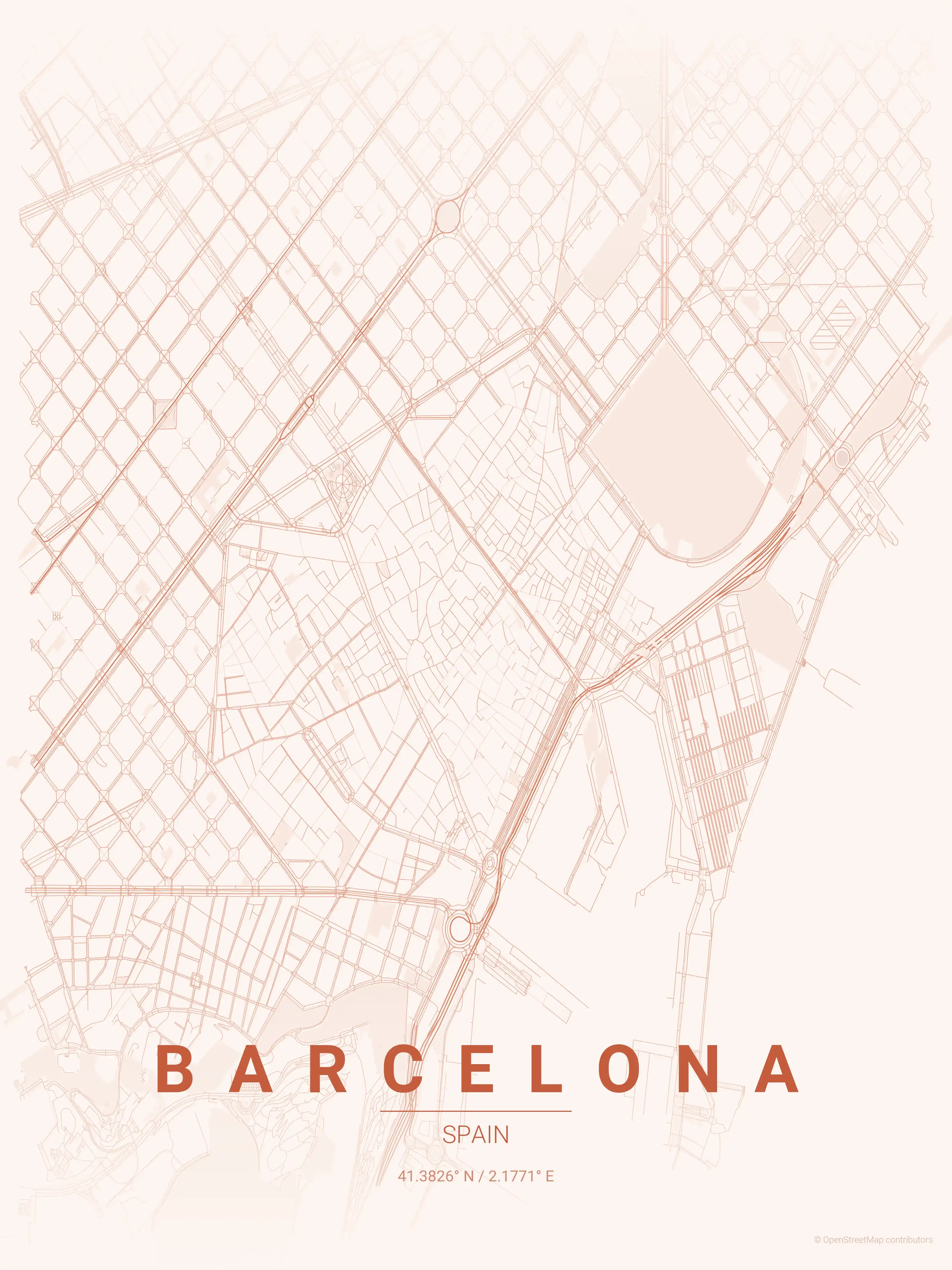 Minimalist sunset street map of Barcelona, Spain - Urban grid art