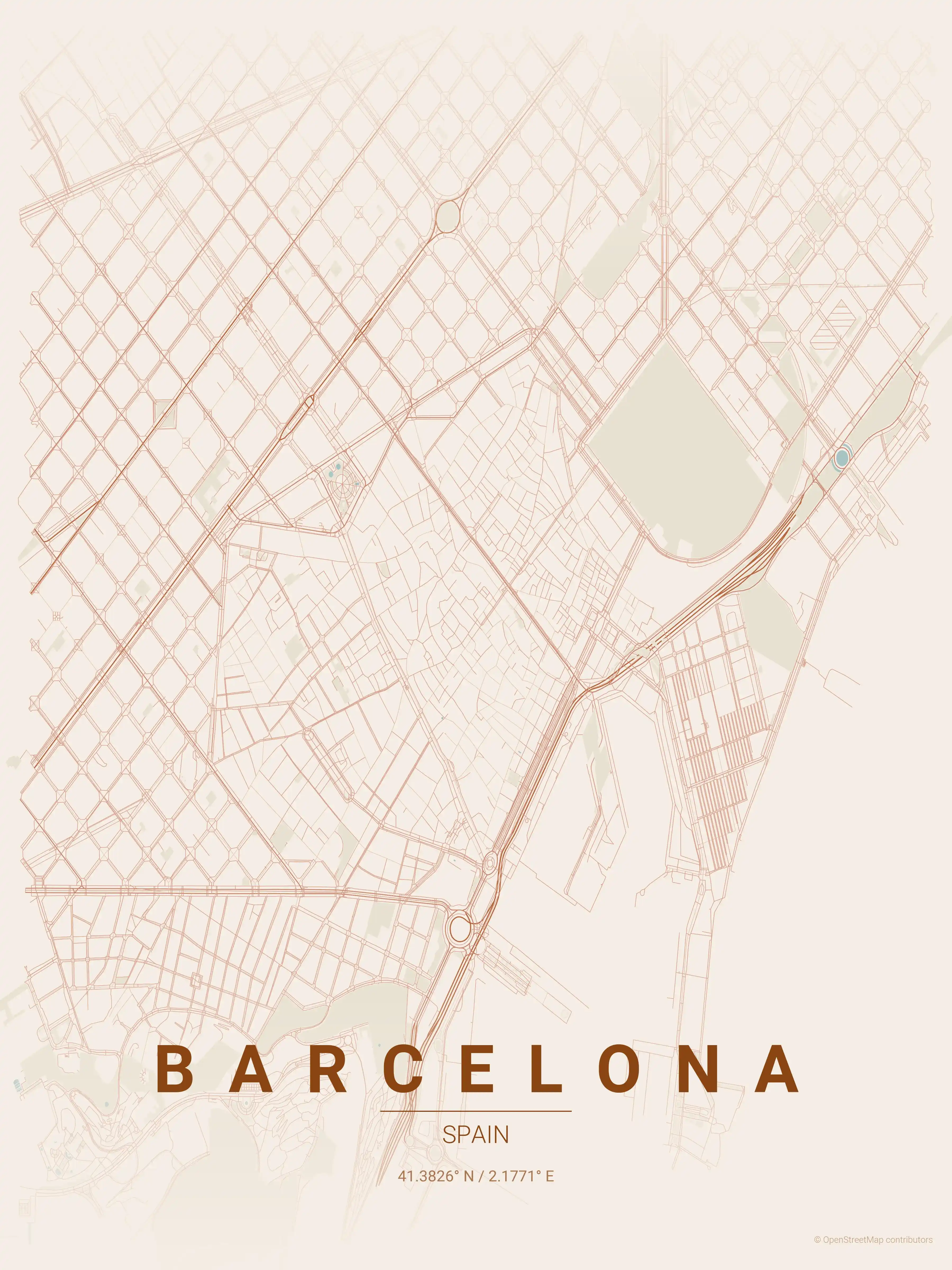 Minimalist terracotta street map of Barcelona, Spain - Urban grid art