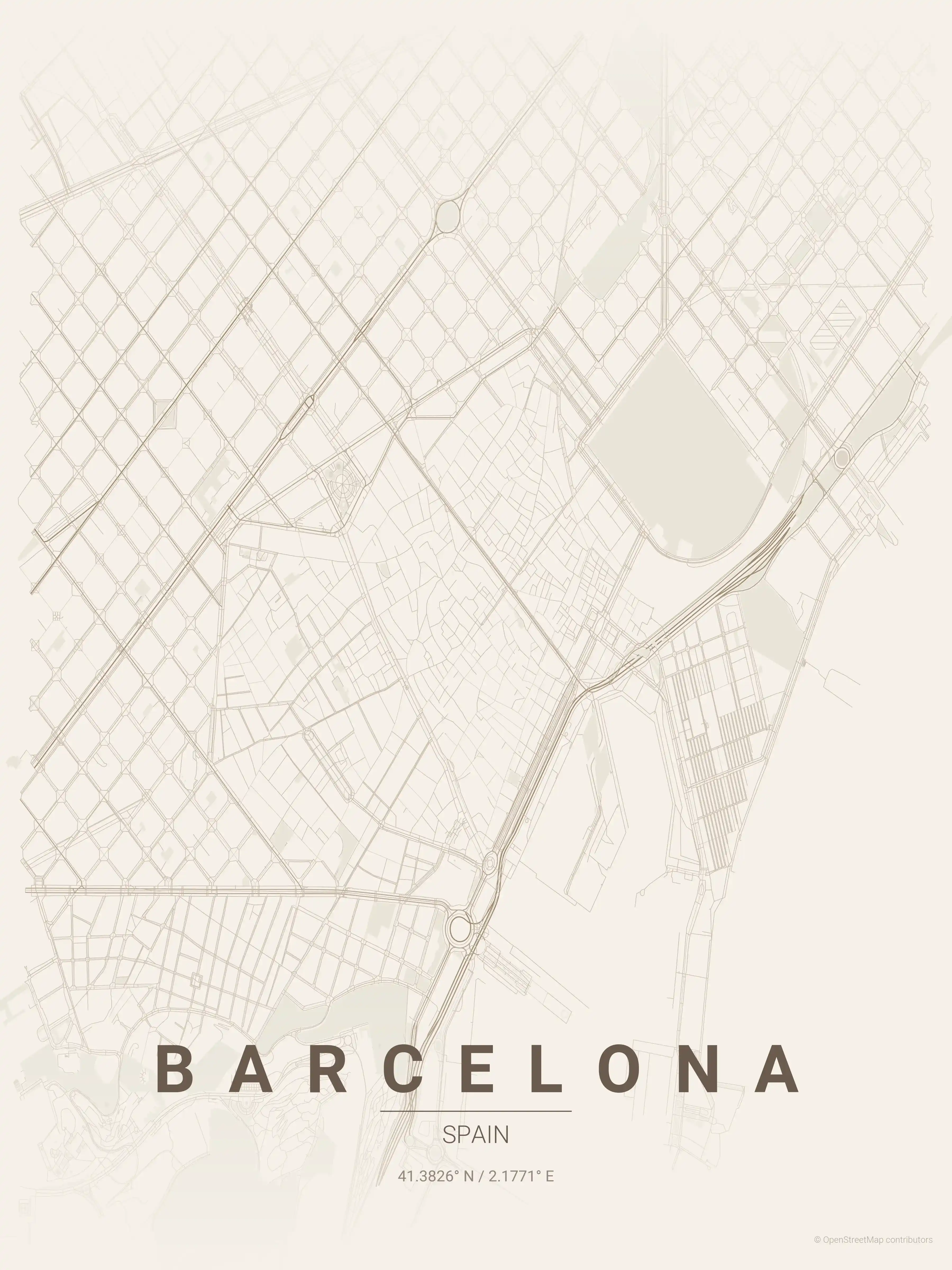 Minimalist warm_beige street map of Barcelona, Spain - Urban grid art