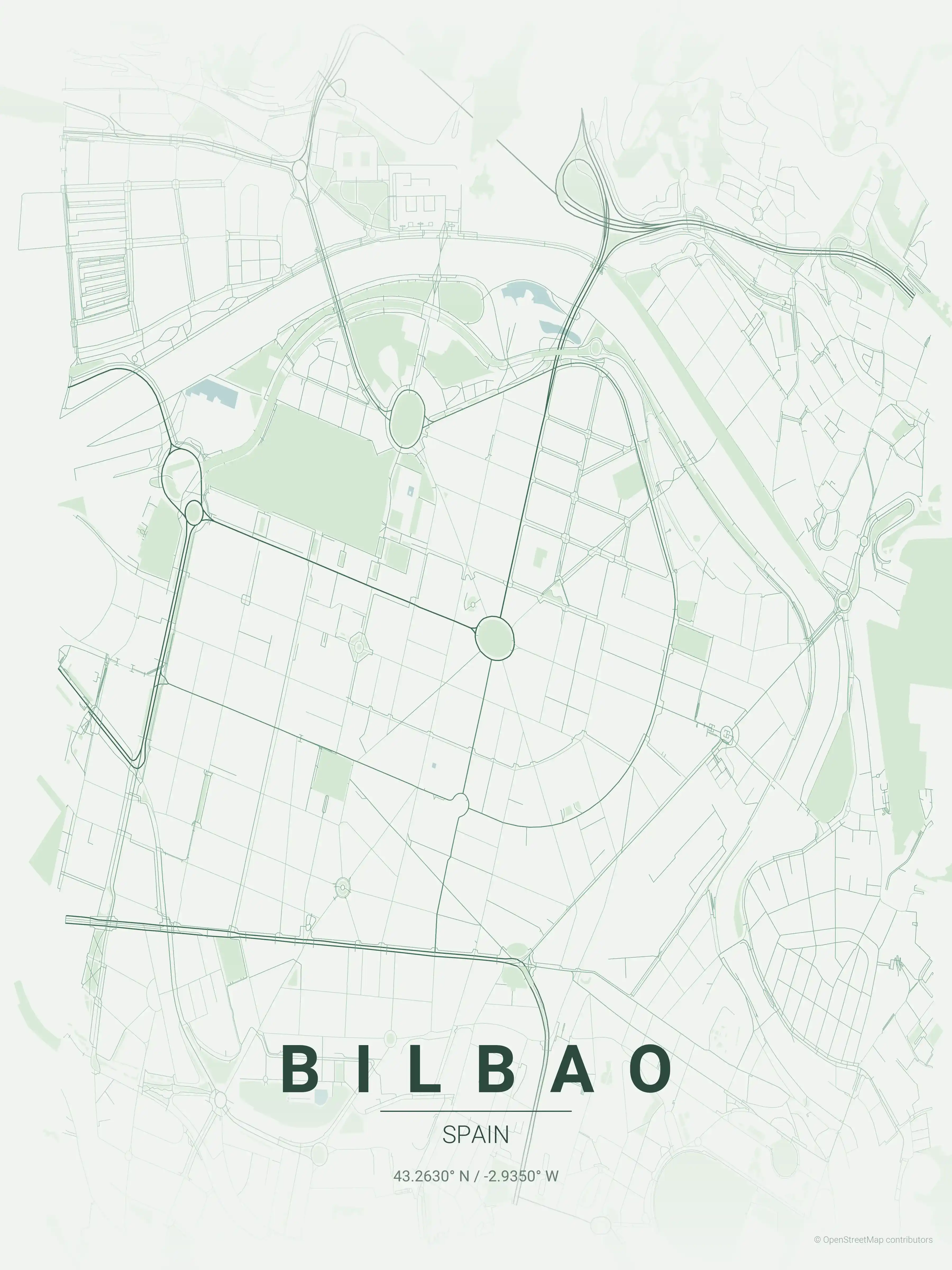 Minimalist forest street map of Bilbao, Spain - Urban grid art