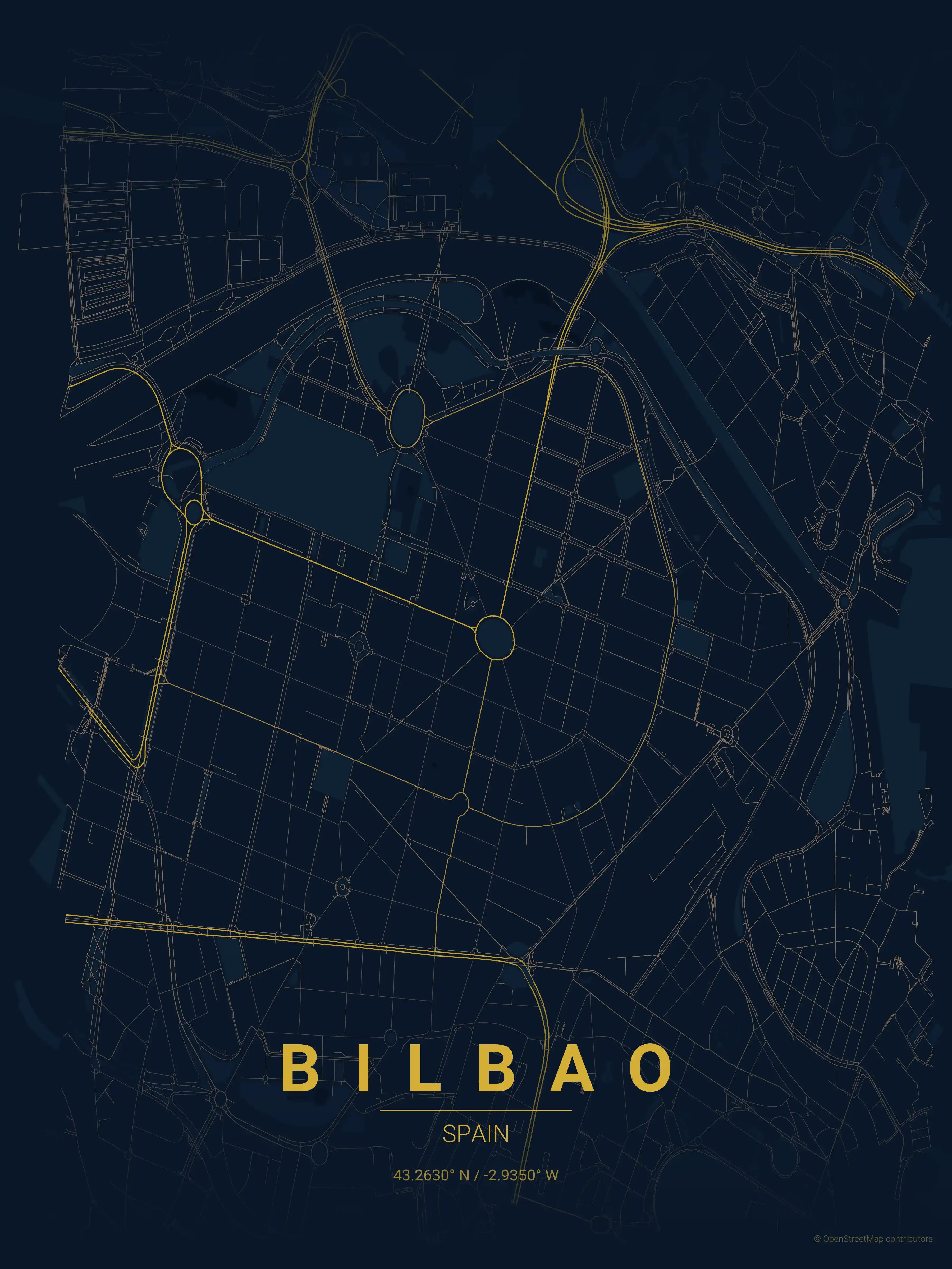 Minimalist midnight_blue street map of Bilbao, Spain - Urban grid art