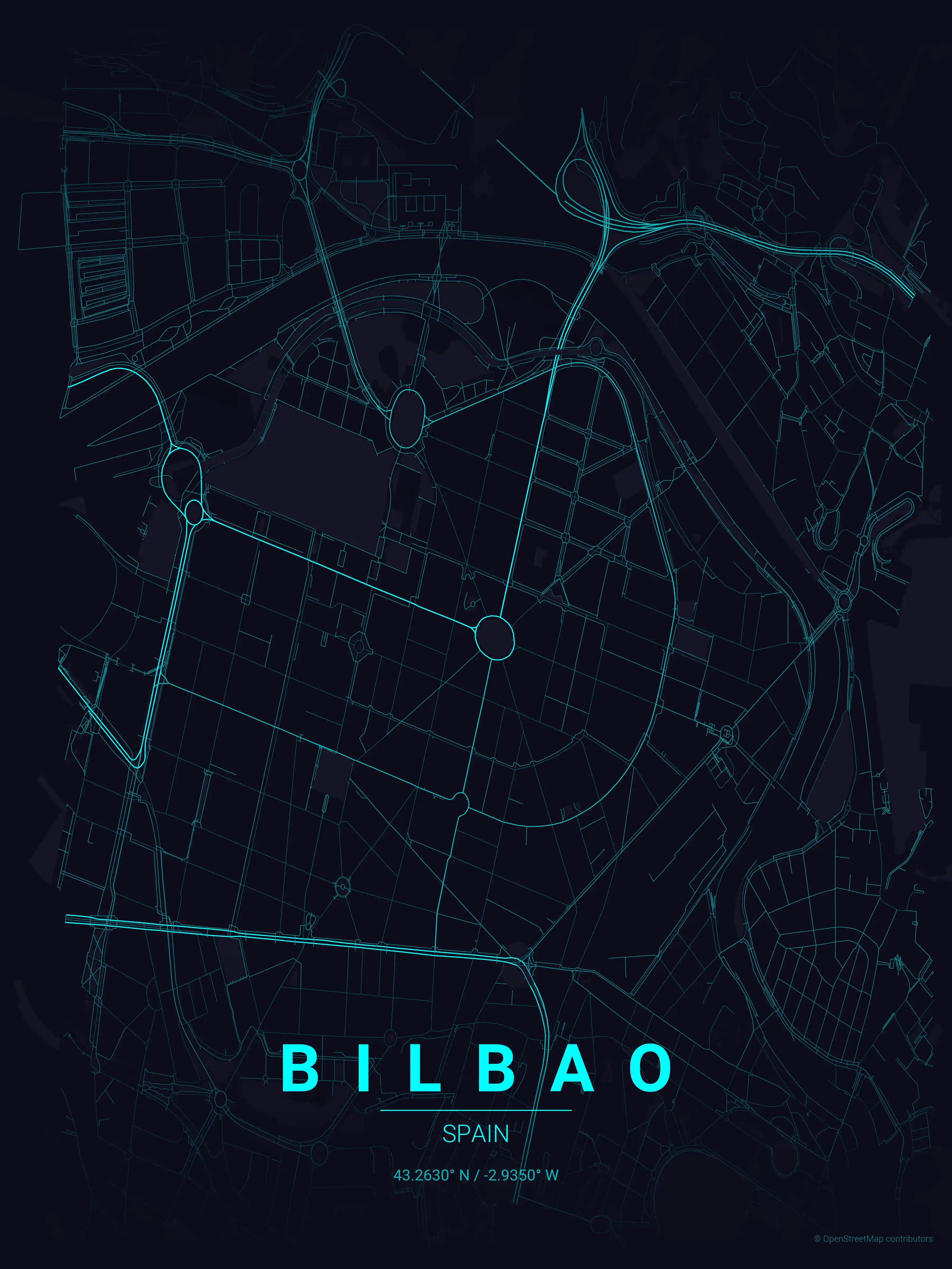 Minimalist neon_cyberpunk street map of Bilbao, Spain - Urban grid art