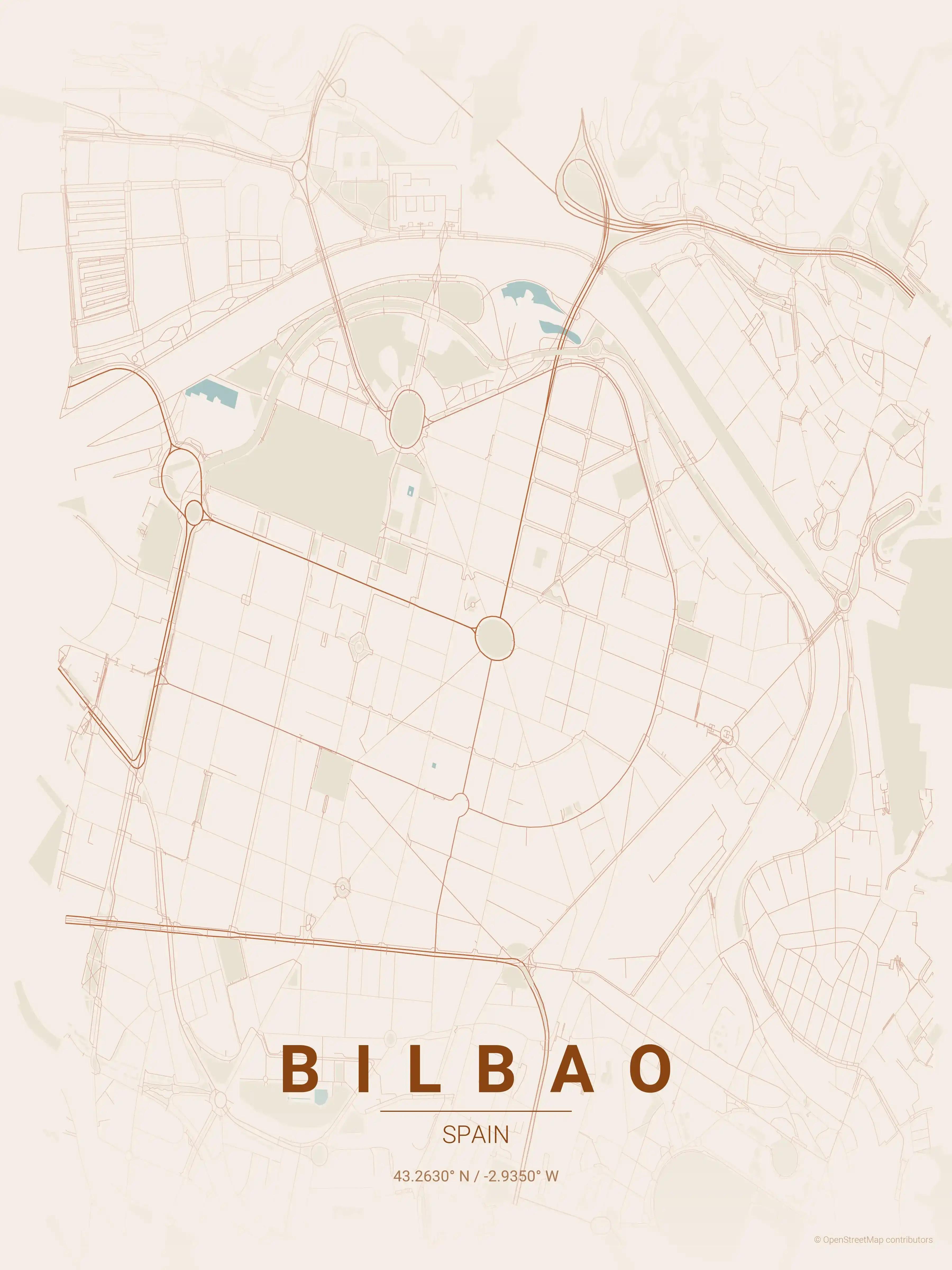 Minimalist terracotta street map of Bilbao, Spain - Urban grid art
