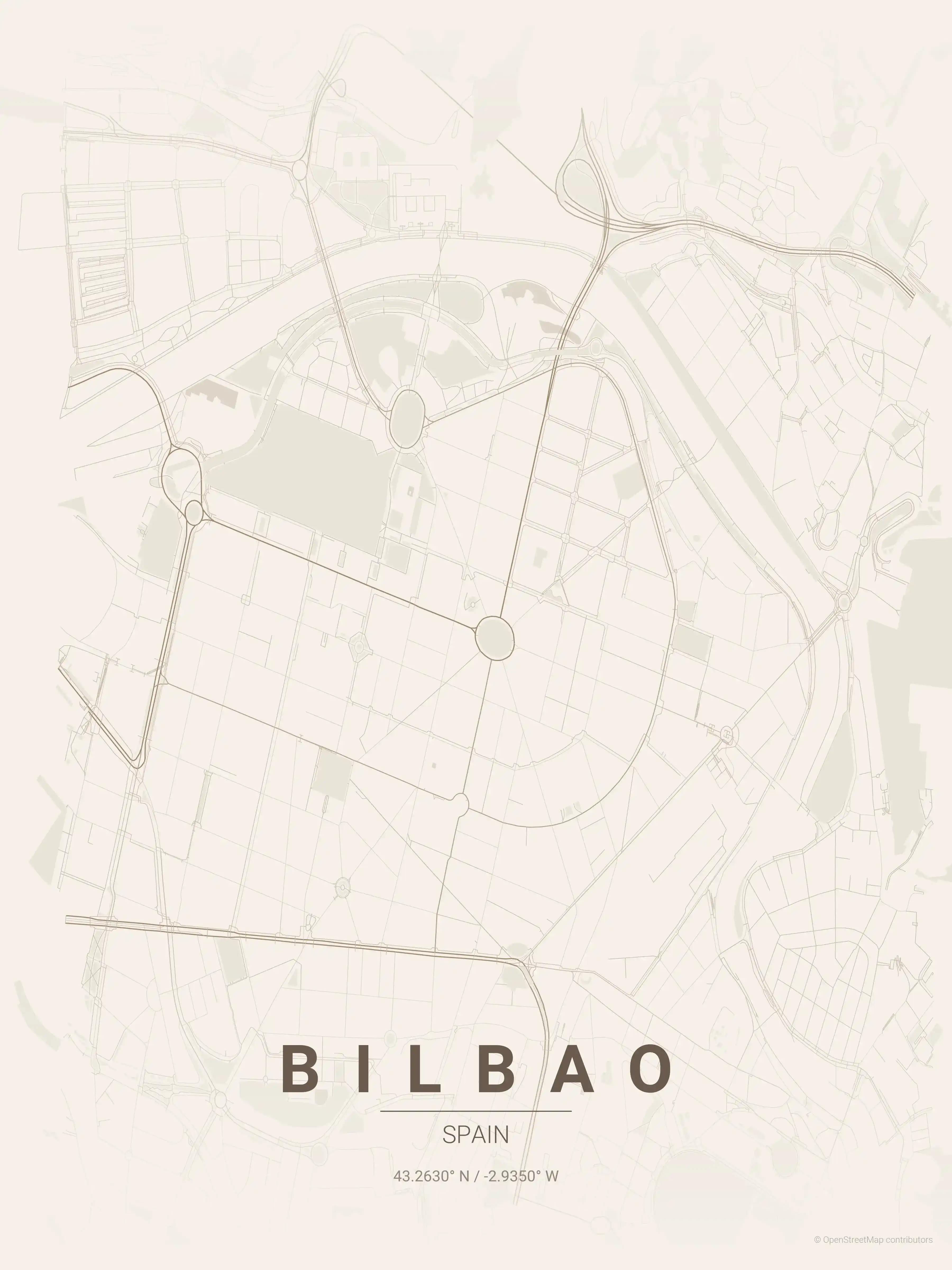 Minimalist warm_beige street map of Bilbao, Spain - Urban grid art