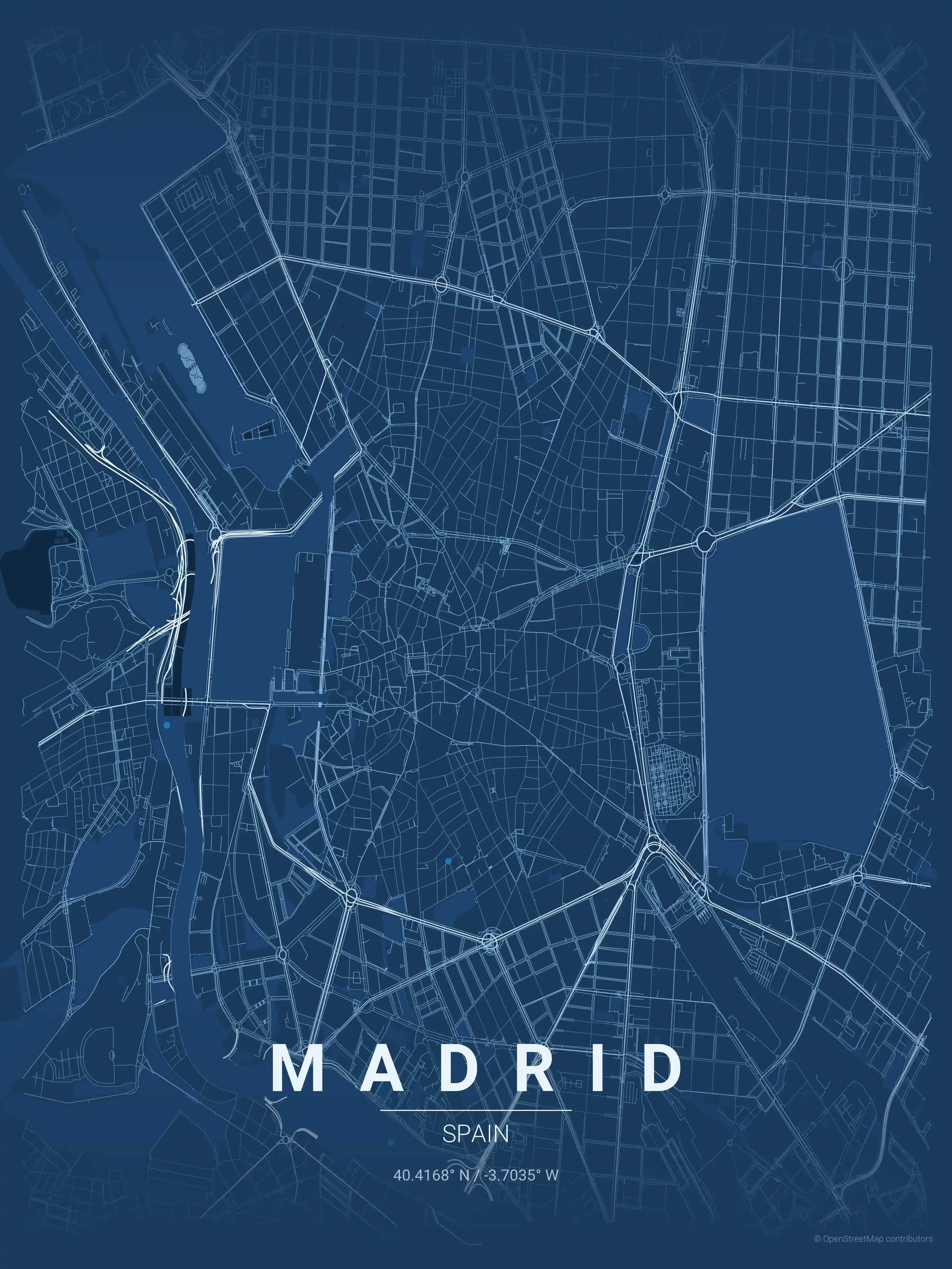 Minimalist blueprint street map of Madrid, Spain - Urban grid art